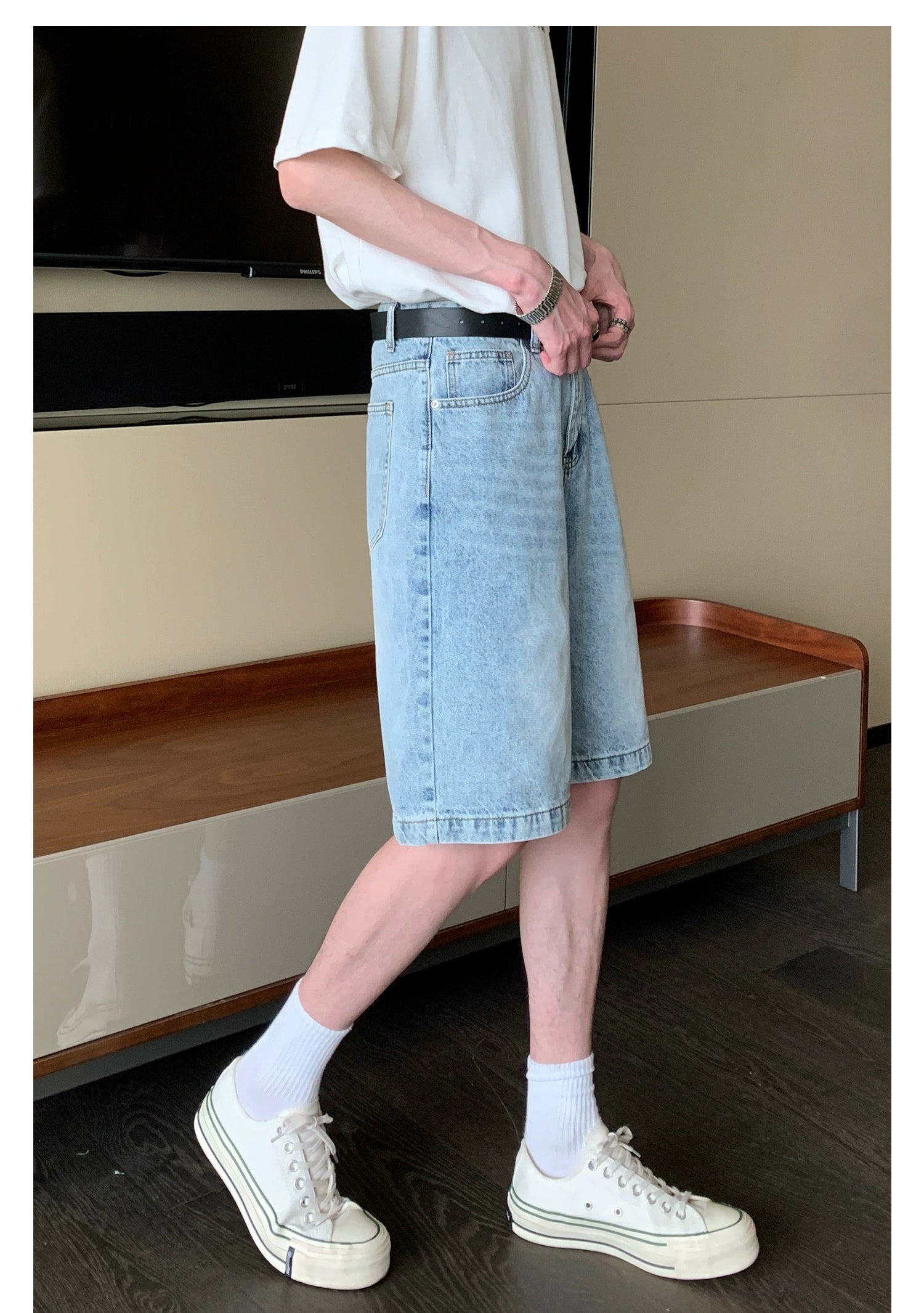 Faded Denim Shorts with Distressed Wash