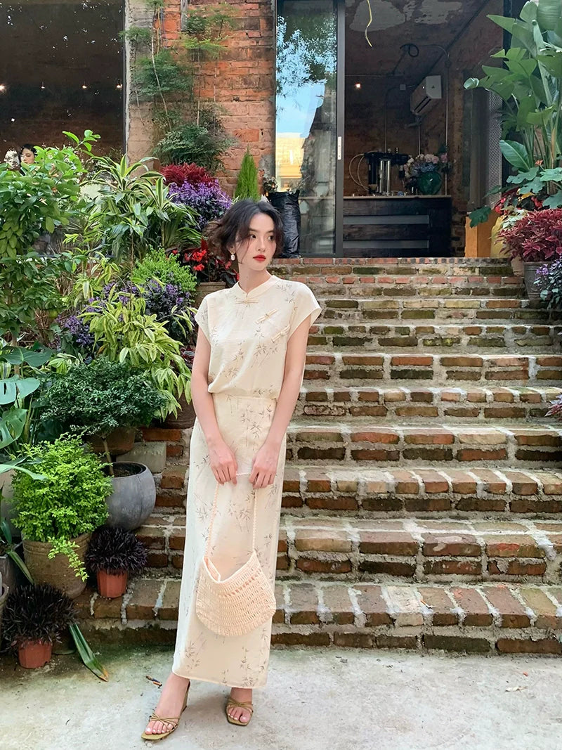 Cream Floral Cheongsam-Style Blouse and Maxi Skirt Setup