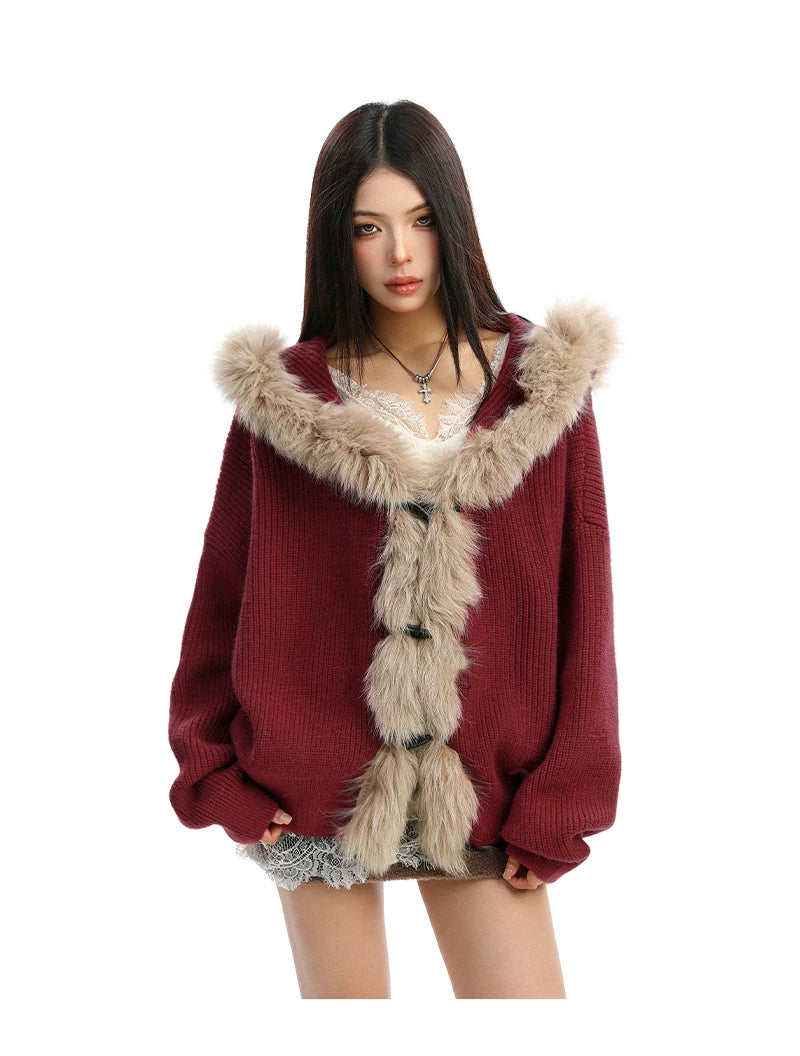Shadow Luxe Fur-Trim Hooded Knit Cardigan