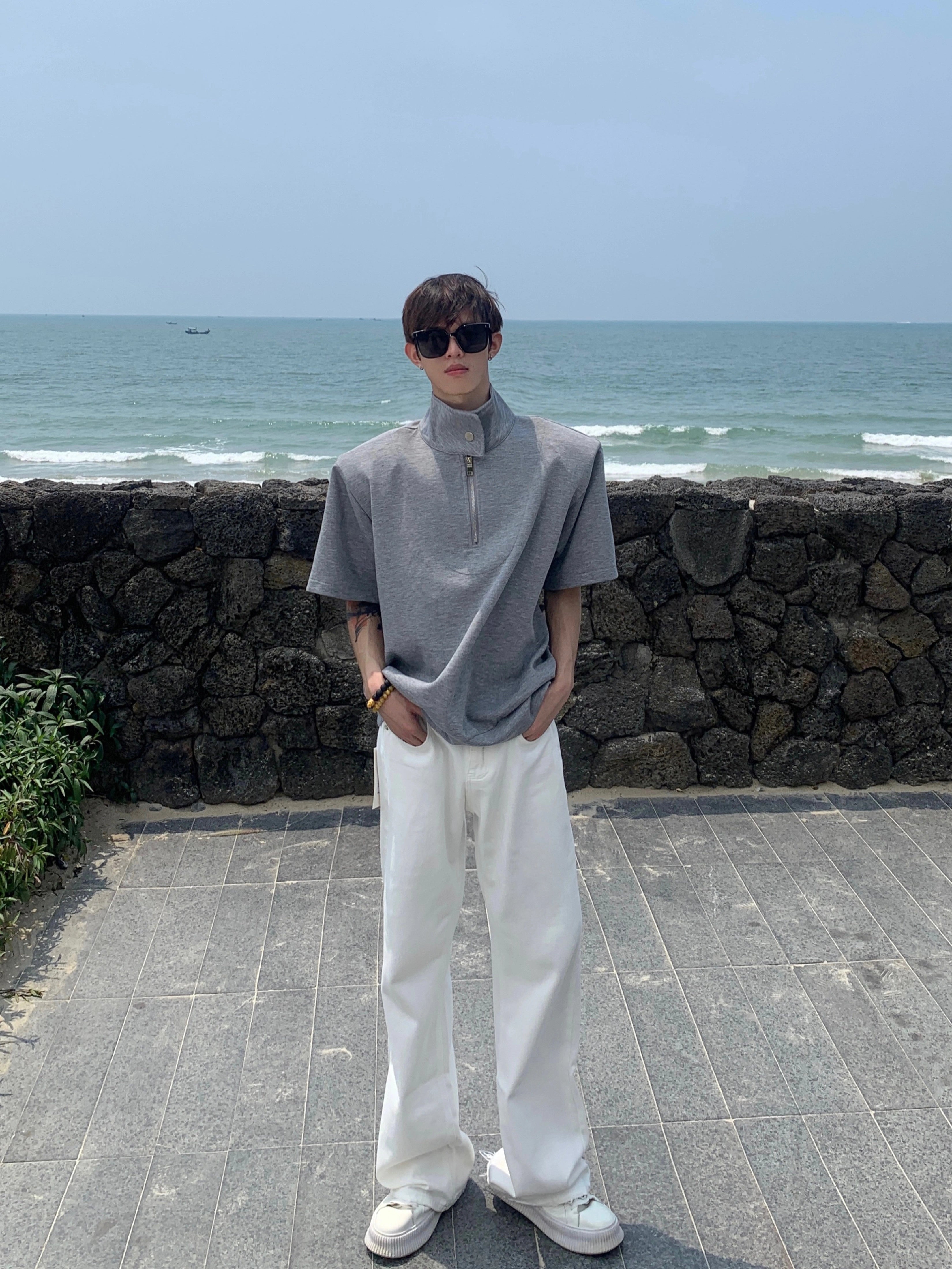 Gray Half-Zip Stand Collar Shirt