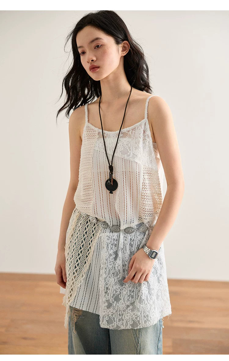 Asymmetric Crochet Lace Long Cami Top