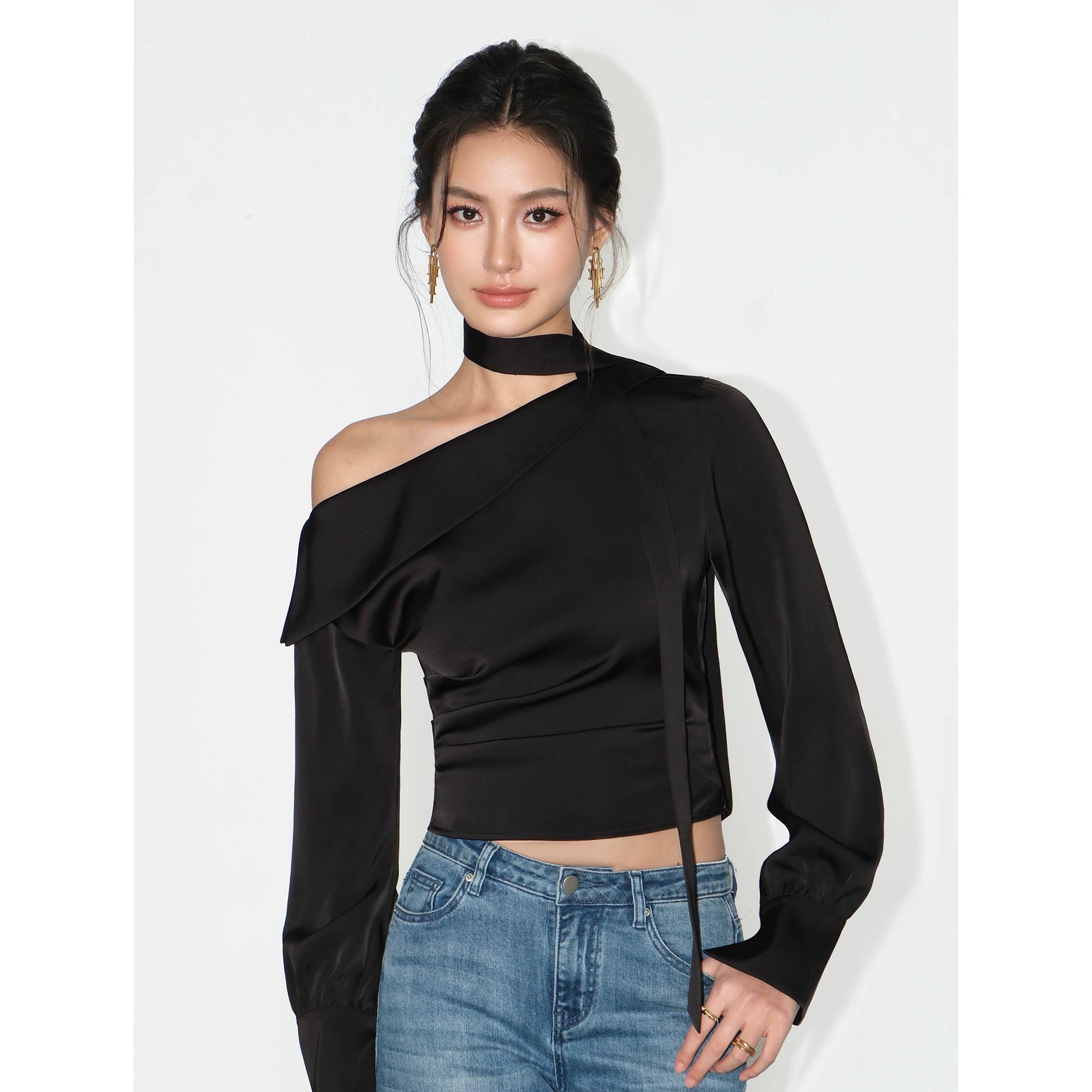 Asymmetric Choker Satin Ruched Blouse