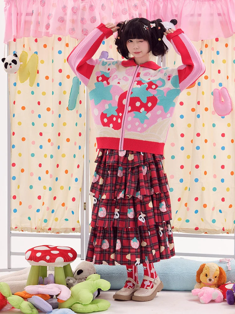 Strawberry Print Zip-Up Jacket with Peter Pan Collar