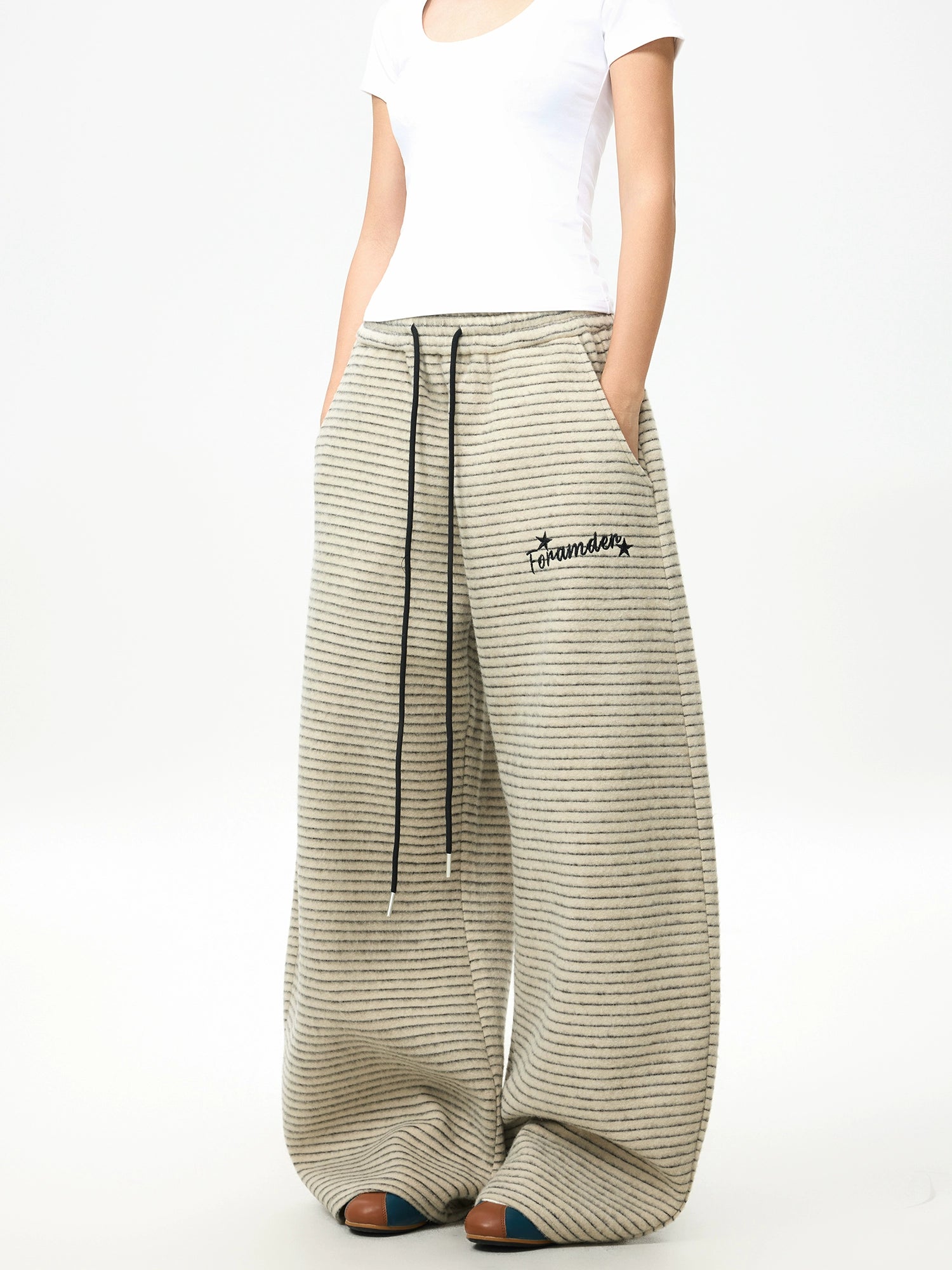 Harbor Stripe Fleece Wide-Leg Pants