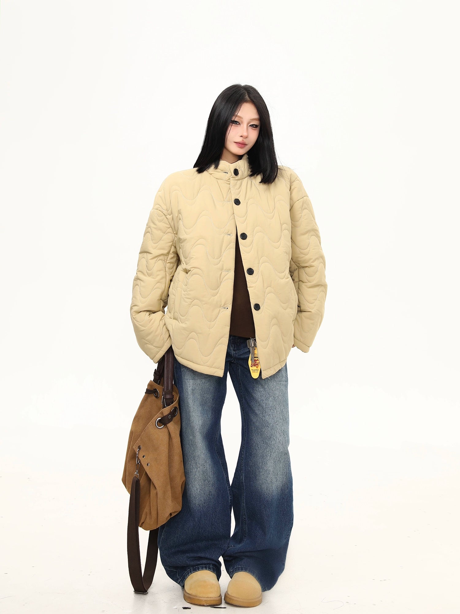 Cream Wave Quilted Stand-Collar Jacket