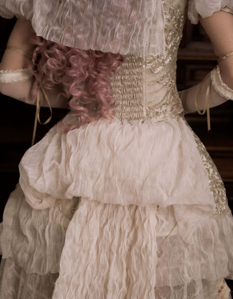 Victorian Ivory Layered Lace Skirt with Pink Bows