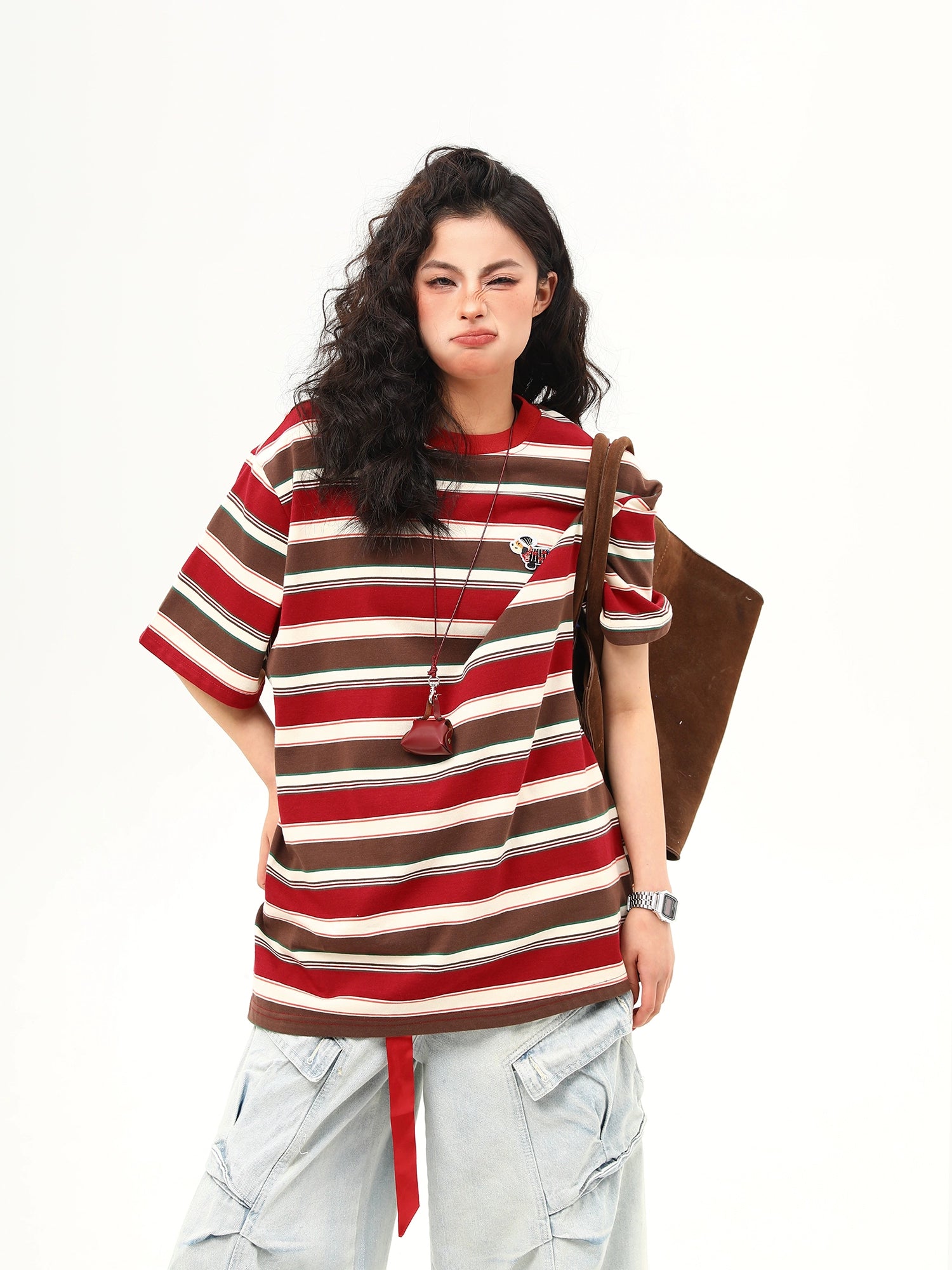 Brown and Red Striped Oversized Tee
