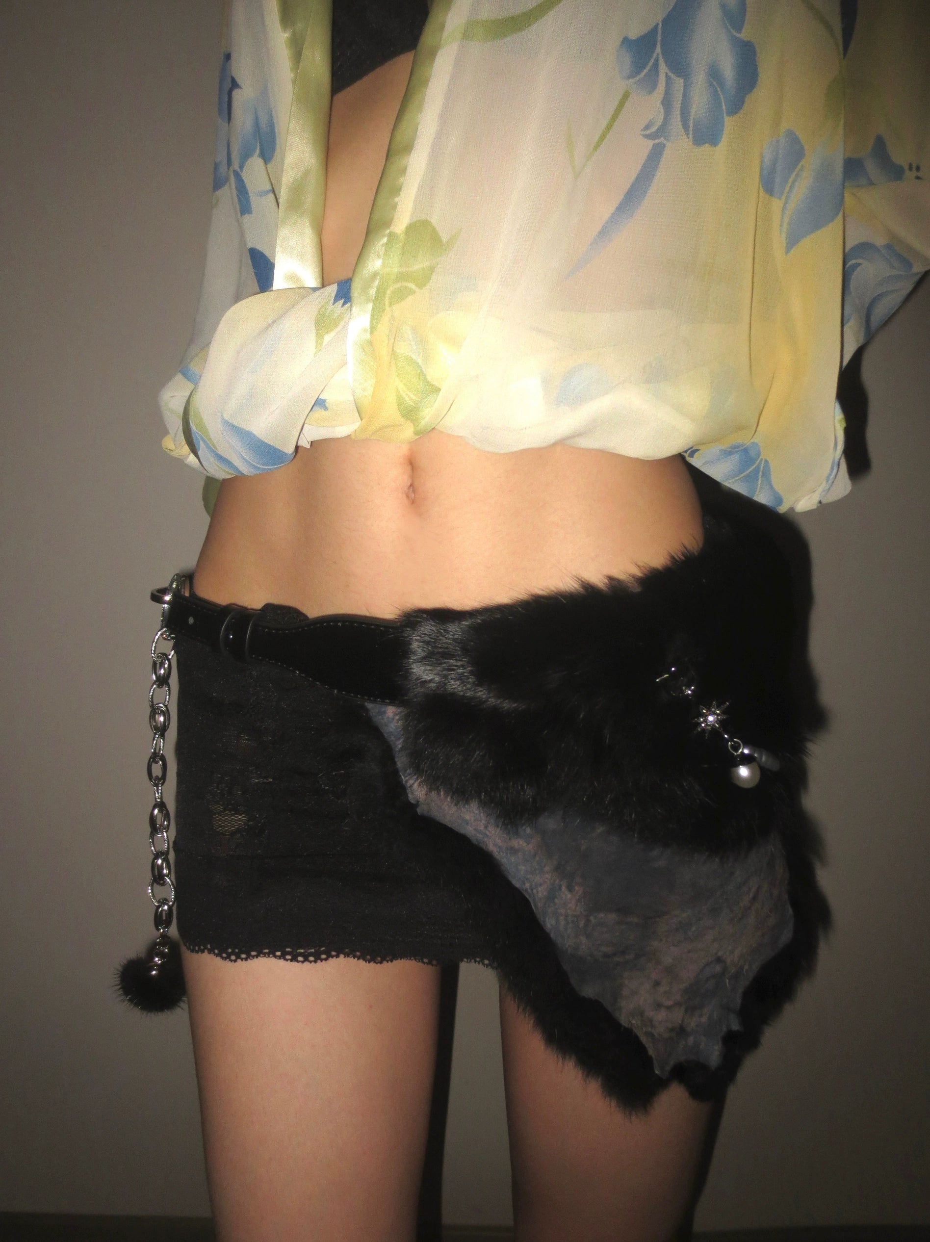 Black Rabbit Fur Pearl Chain Belt