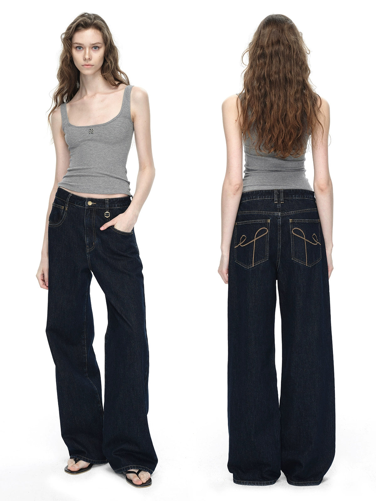 Dark Blue Raw Denim Wide-Leg Jeans