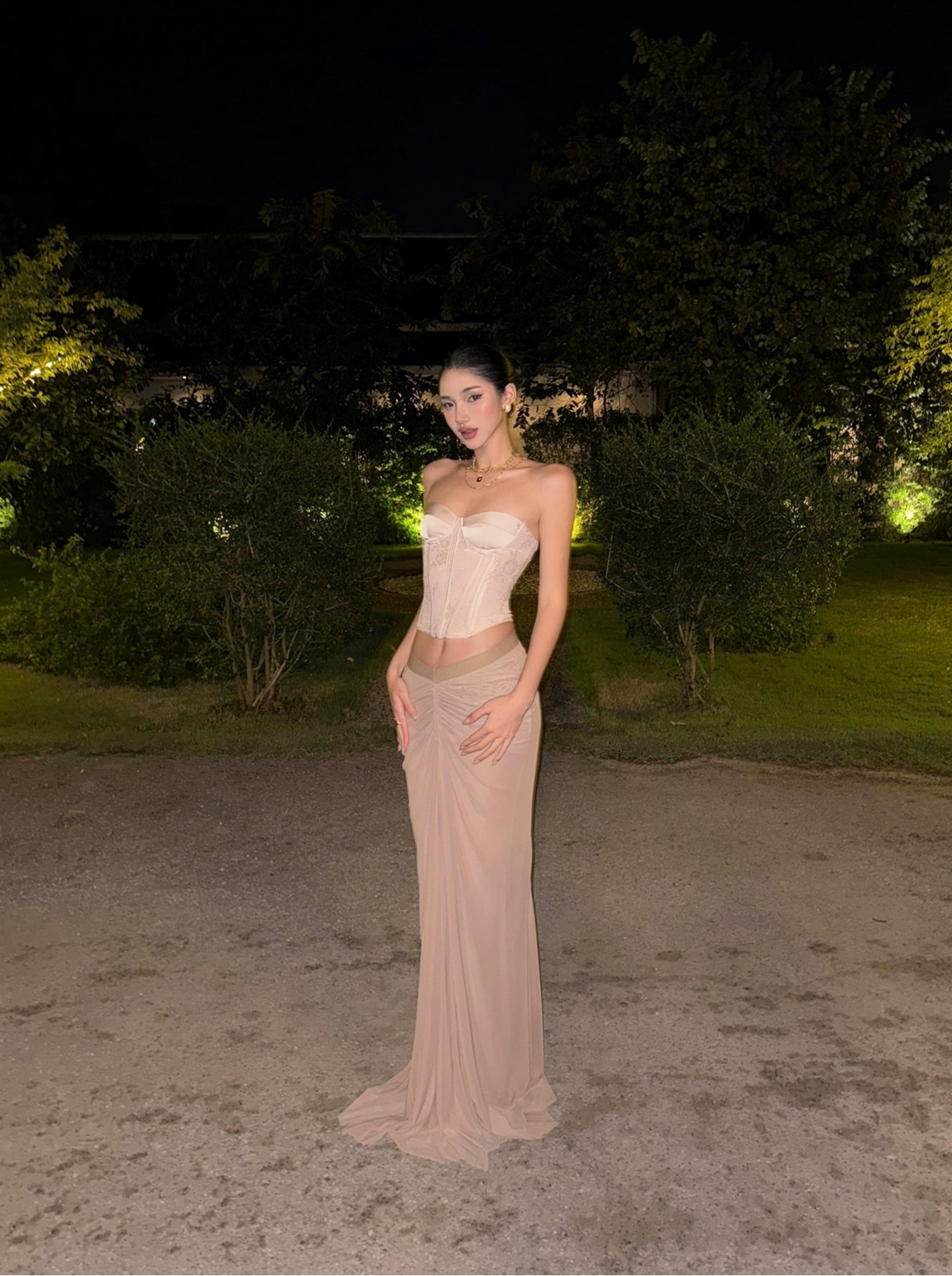 Taupe Ruched V-Waist Maxi Skirt