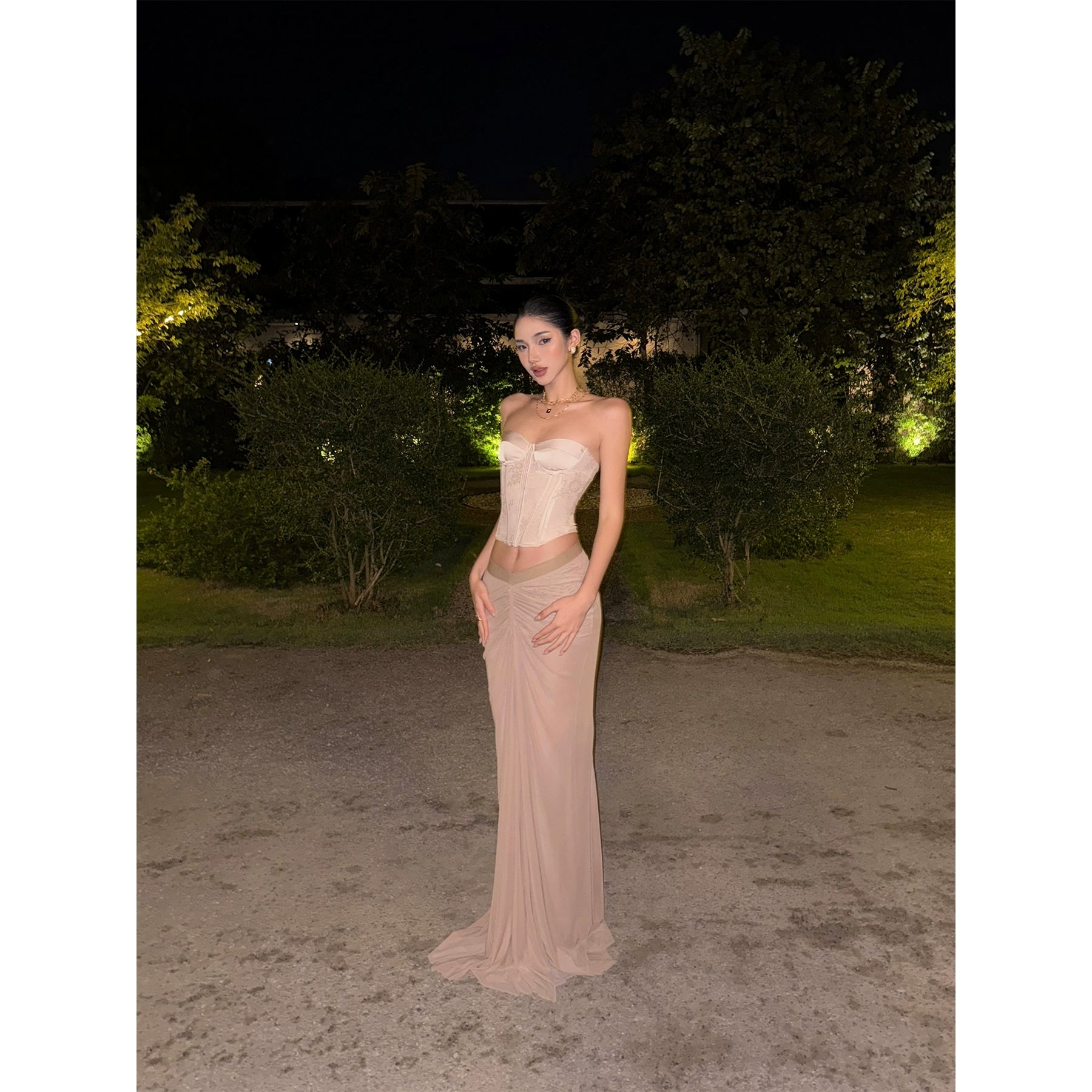 Taupe Ruched V-Waist Maxi Skirt
