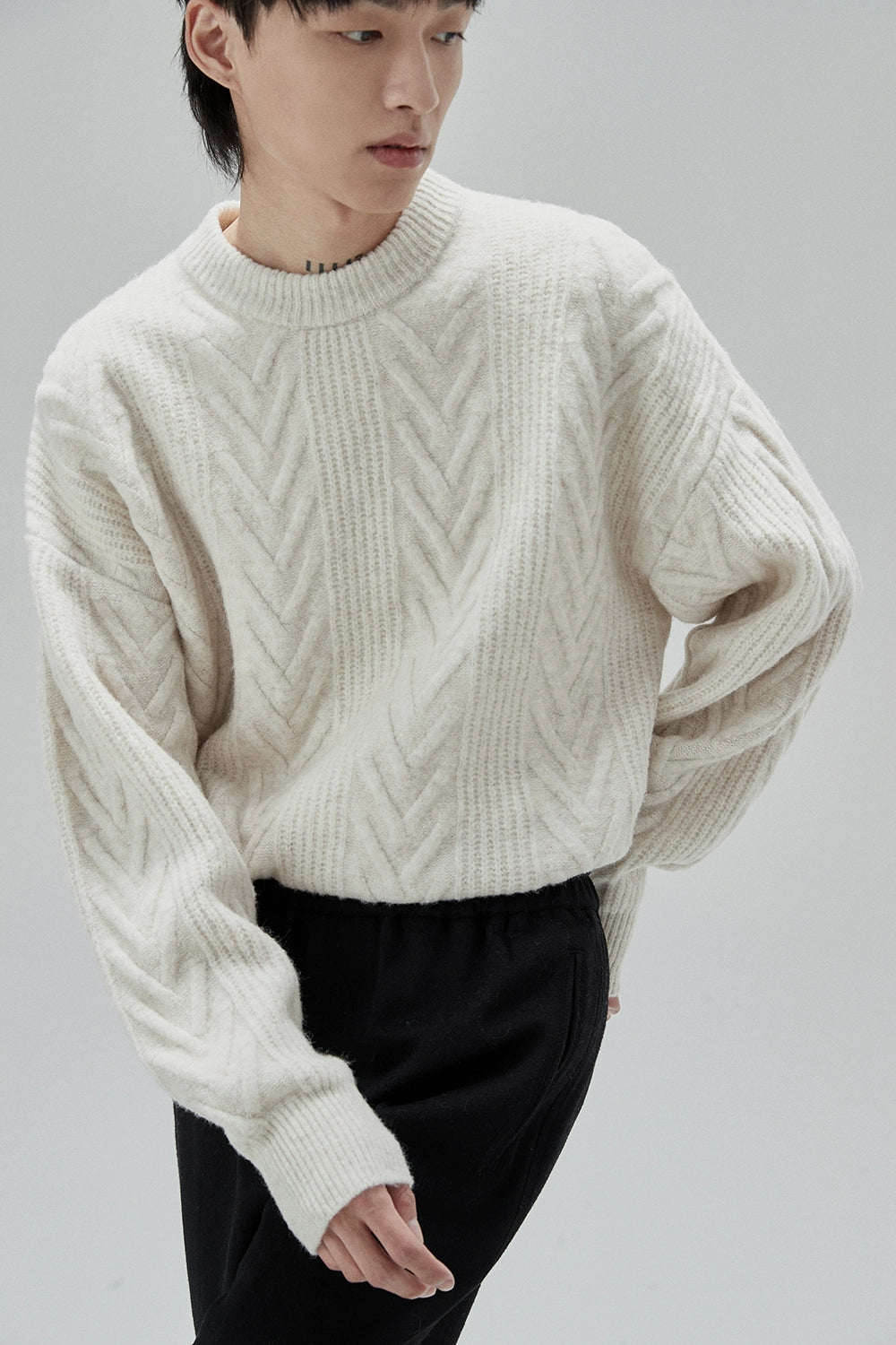 Cream Cable Knit Sweater with Chevron Pattern