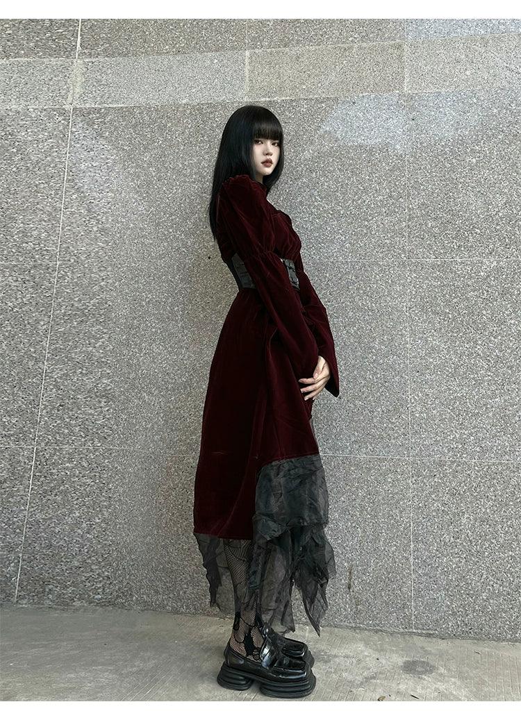 Ladyghost Gothic Victorian Maxi Dress - Women'S Burgundy Velvet And Black Mesh Layered Gown With Corset Belt