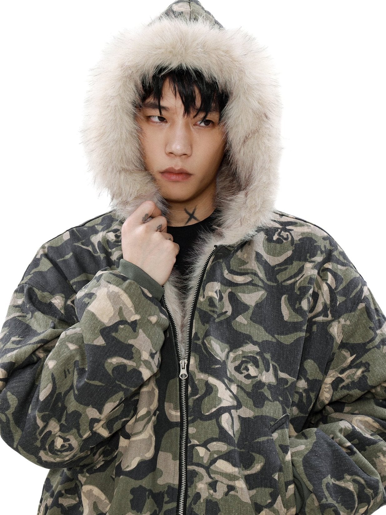 Camouflage Puffer Jacket with Fur-Lined Hood