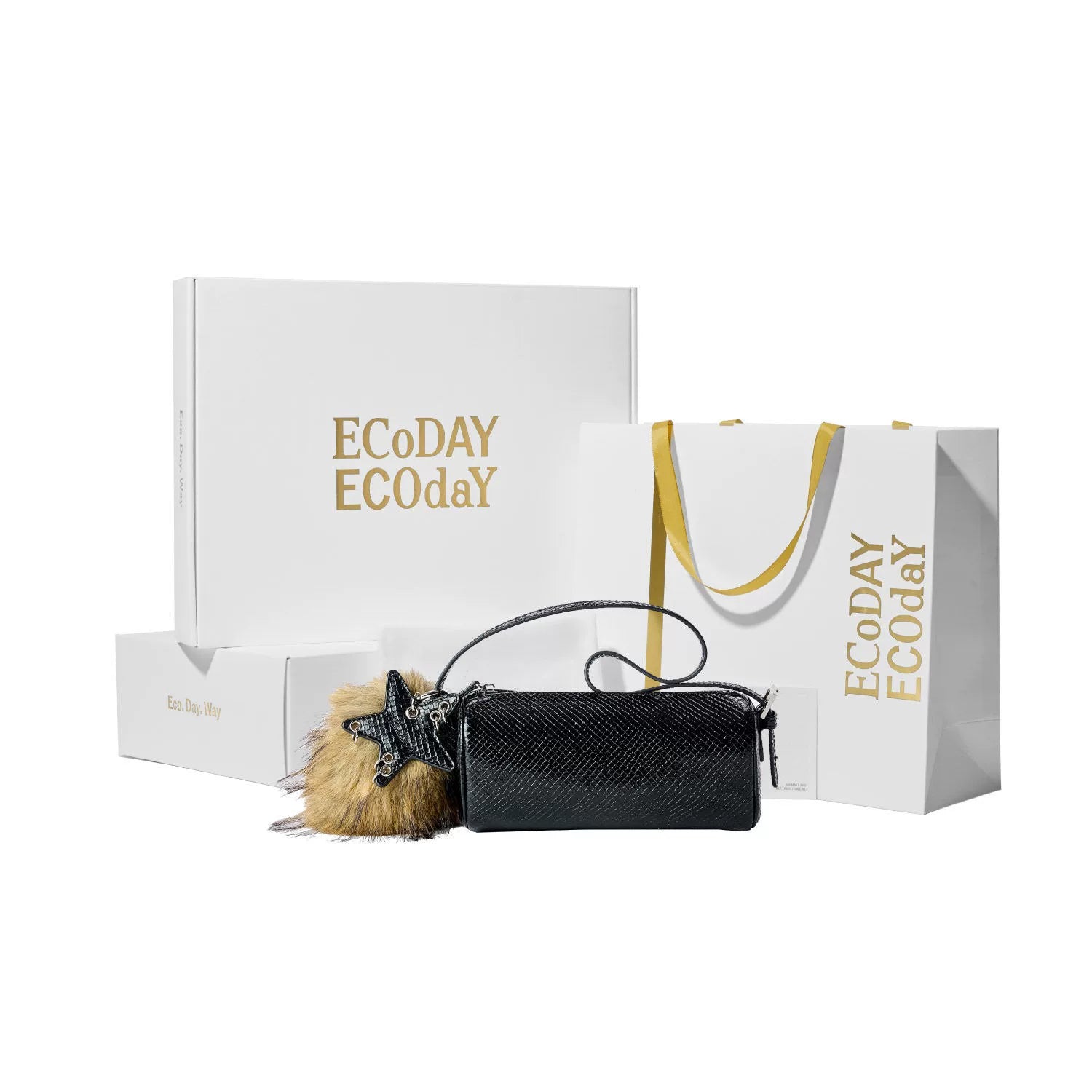 Faux-Fur Star Cylinder Shoulder Bag - Black Gift Box