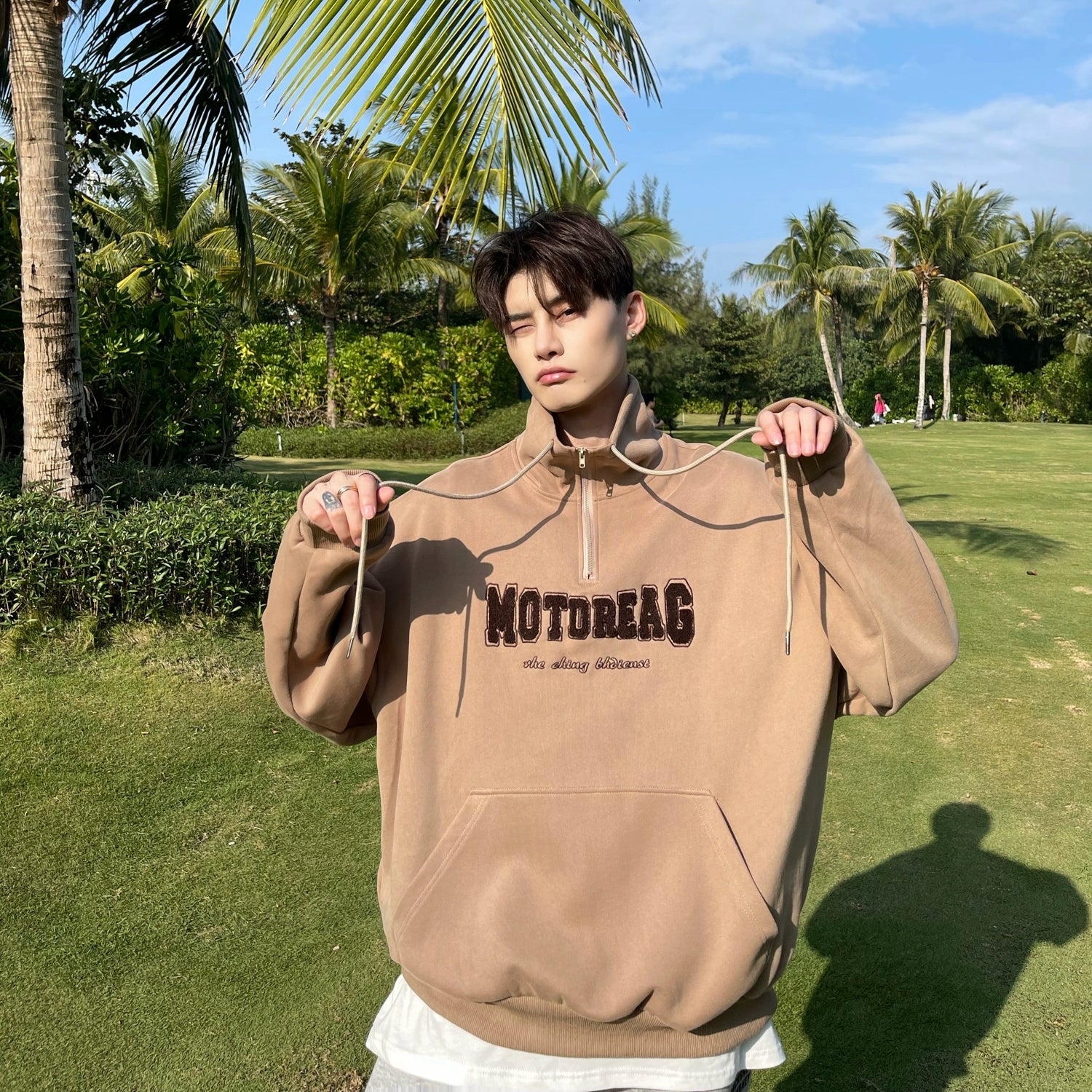 Quarter-Zip Mock Neck Sweatshirt with Embroidered Text
