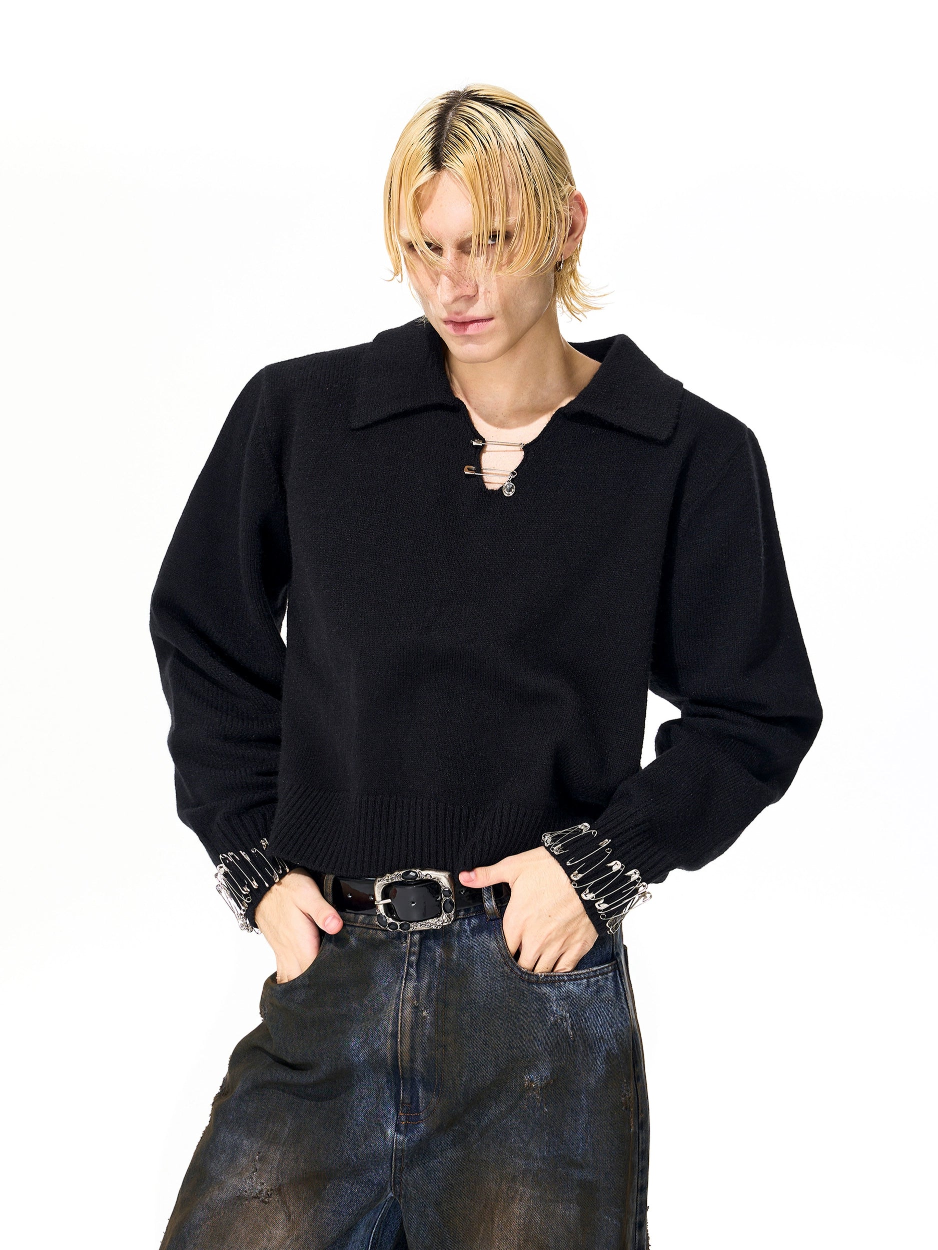 Black Safety Pin Knit Sweater