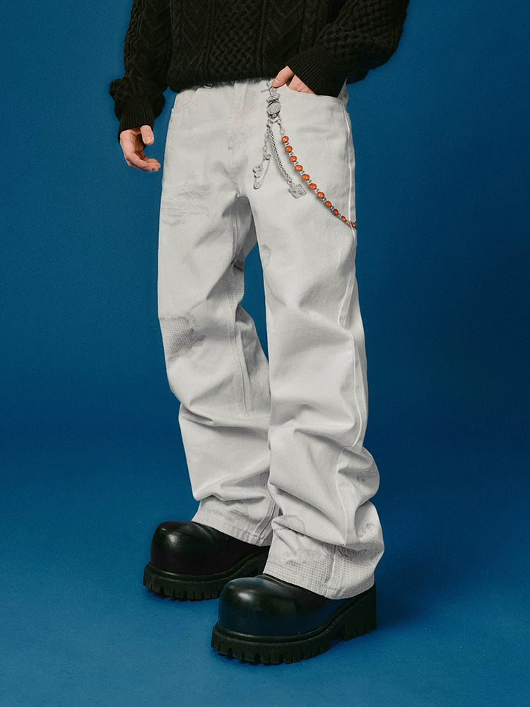 Chain Print Distressed Wide Leg Jeans