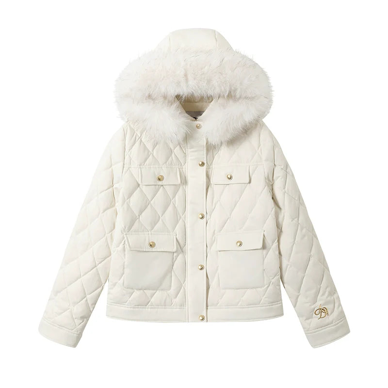 Luxe Quilted Puffer Jacket: Winter White with Faux Fur Hood Trim and Gold Logo Detail