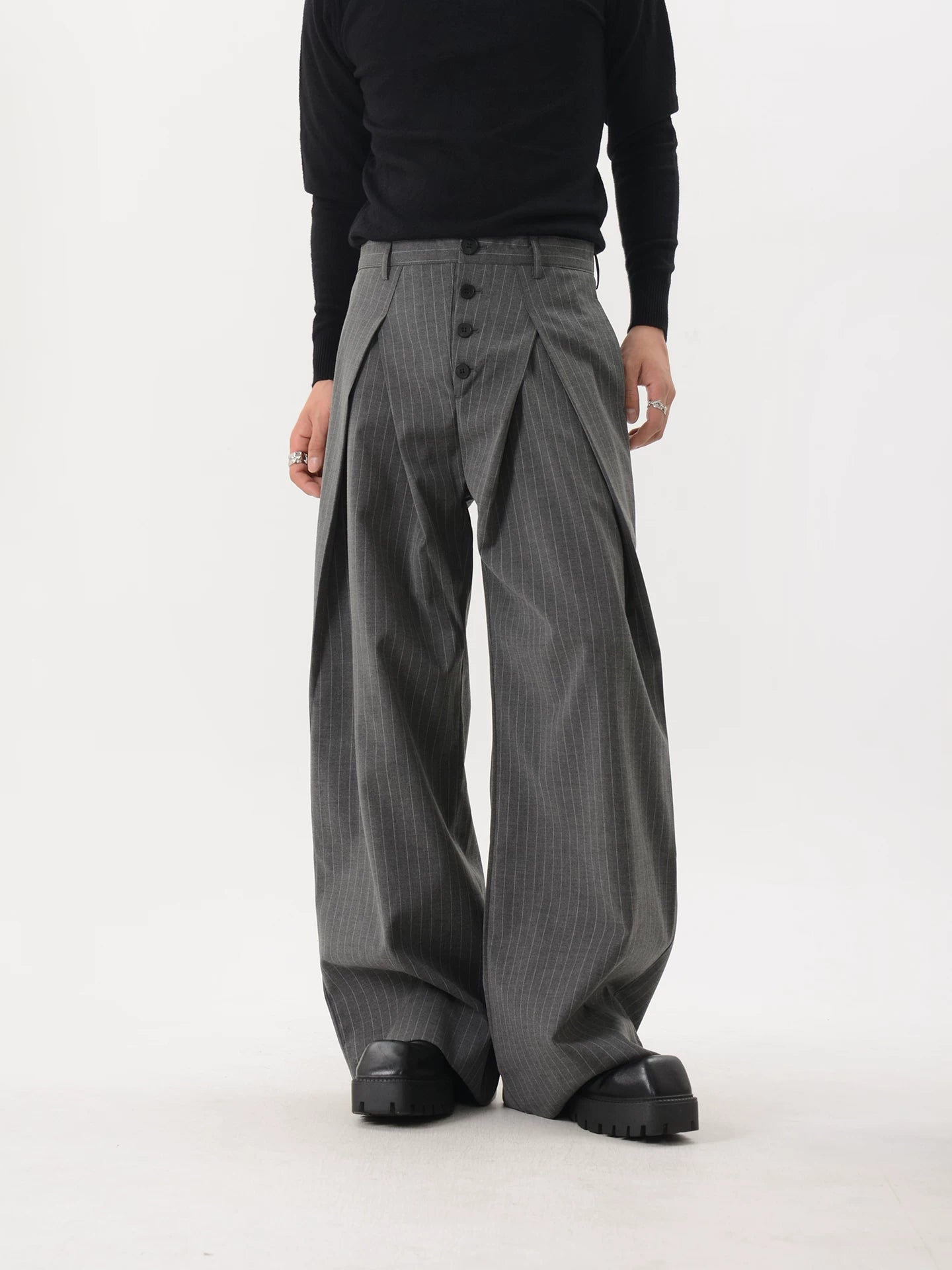 Pinstripe Button-Front Double-Pleated Ultra-Wide Leg Trousers