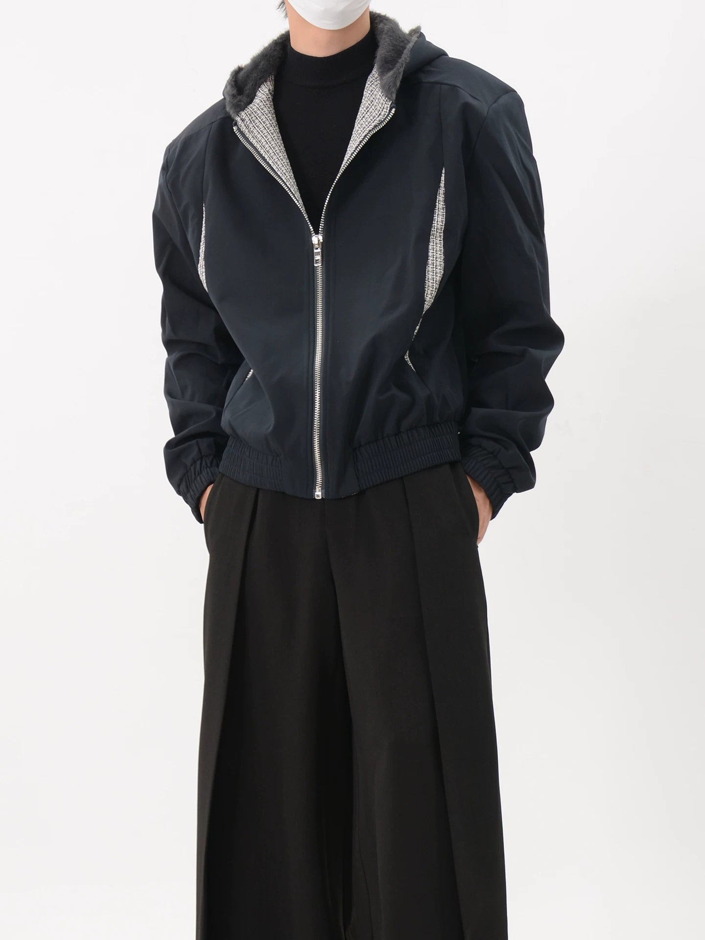 Contrast-Panel Faux Fur-Lined Hooded Bomber Jacket