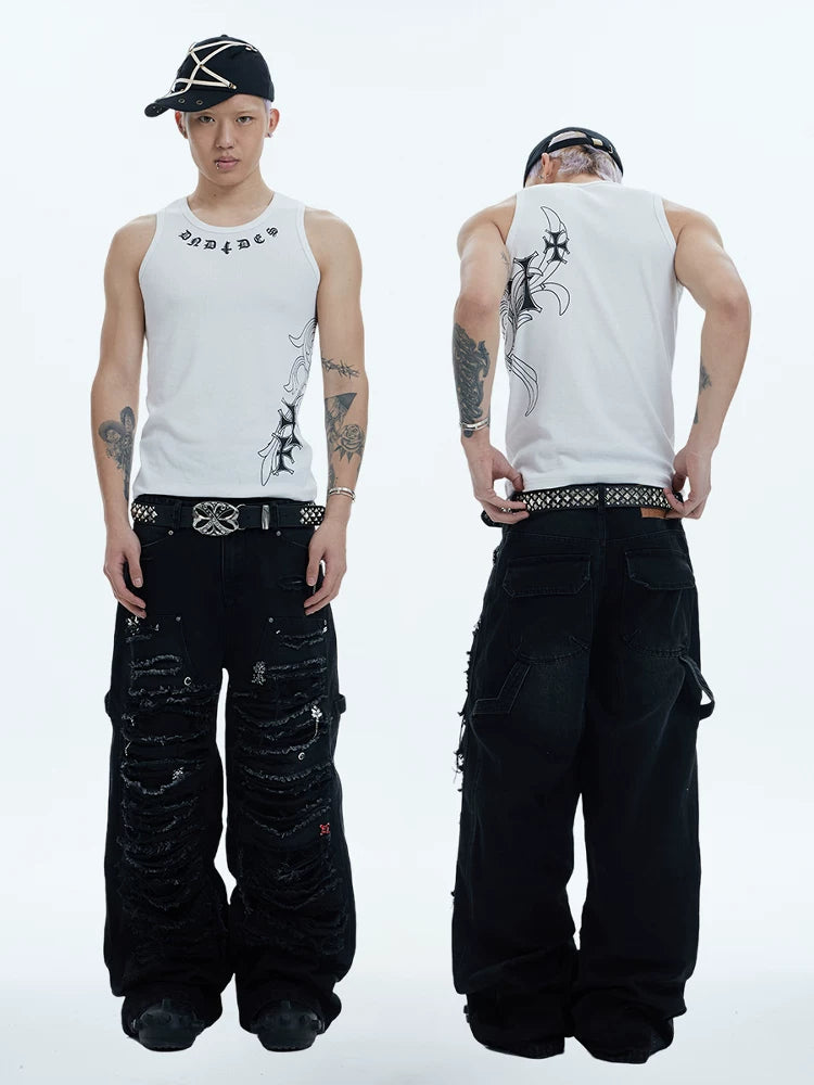 Distressed Rhinestone Wide Leg Cargo Jeans