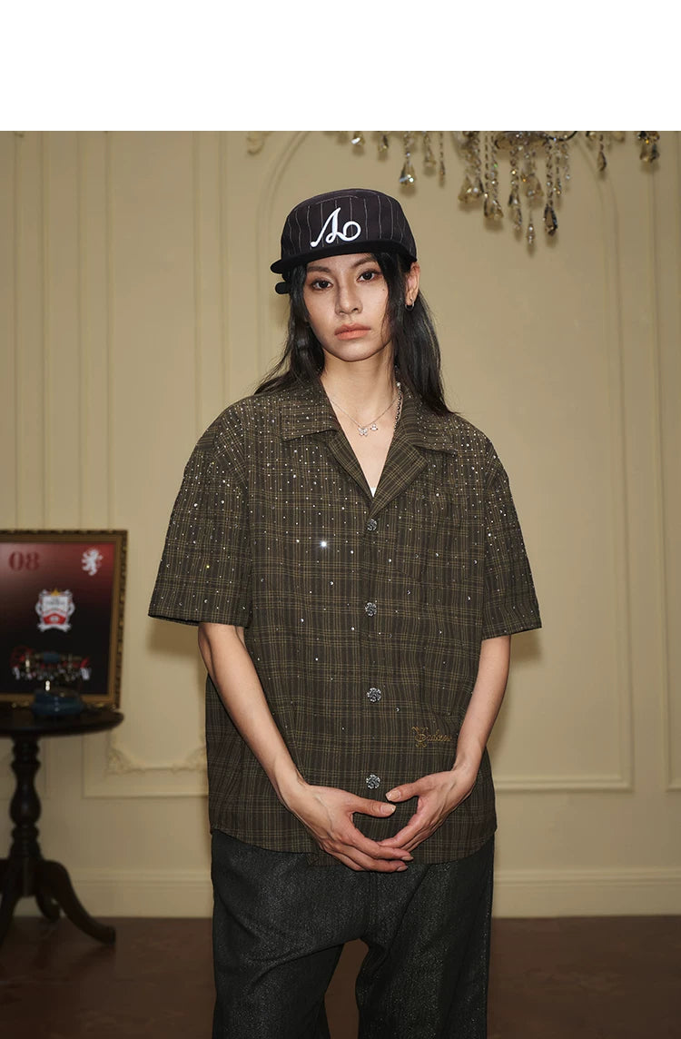 Embellished Plaid Camp Collar Shirt