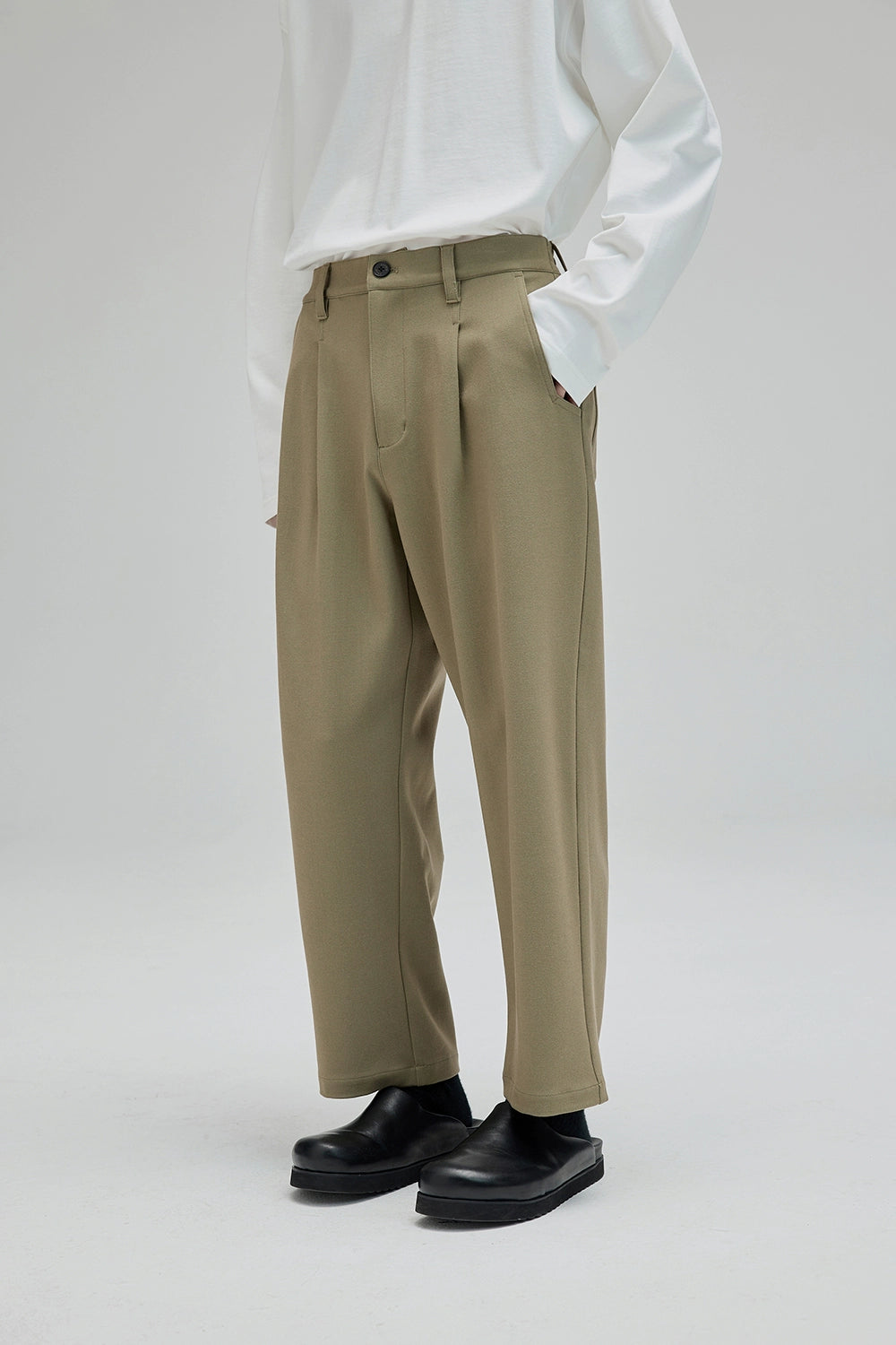 Semi-Elastic Waist Wide-Leg Straight Cropped Pants