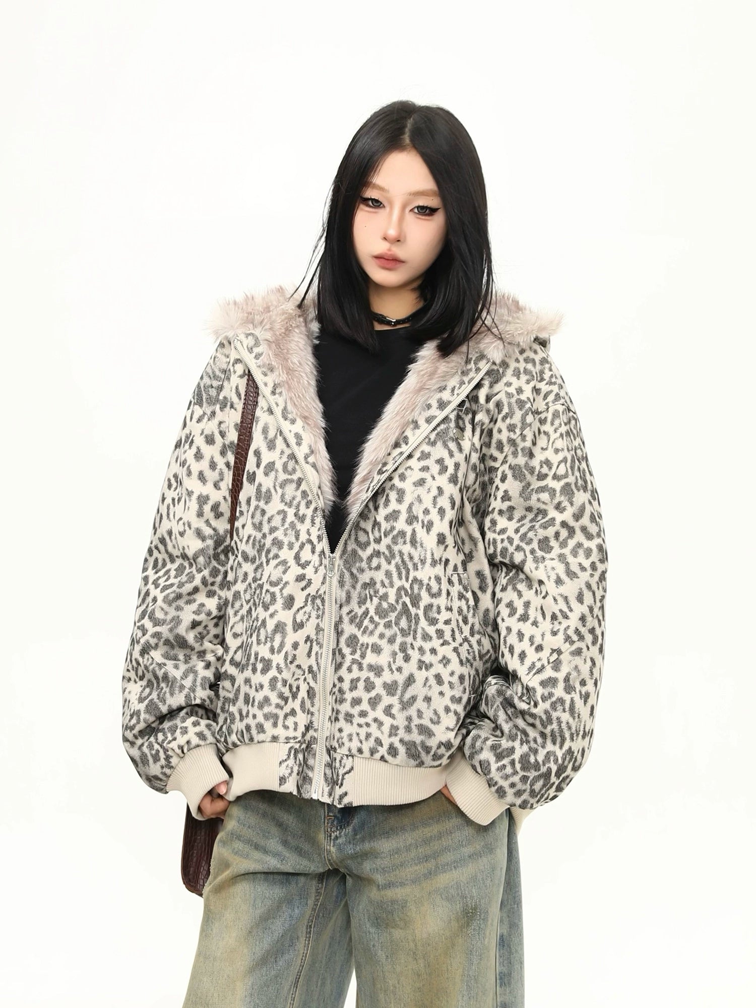 Snow Leopard Plush Zip Hoodie Jacket
