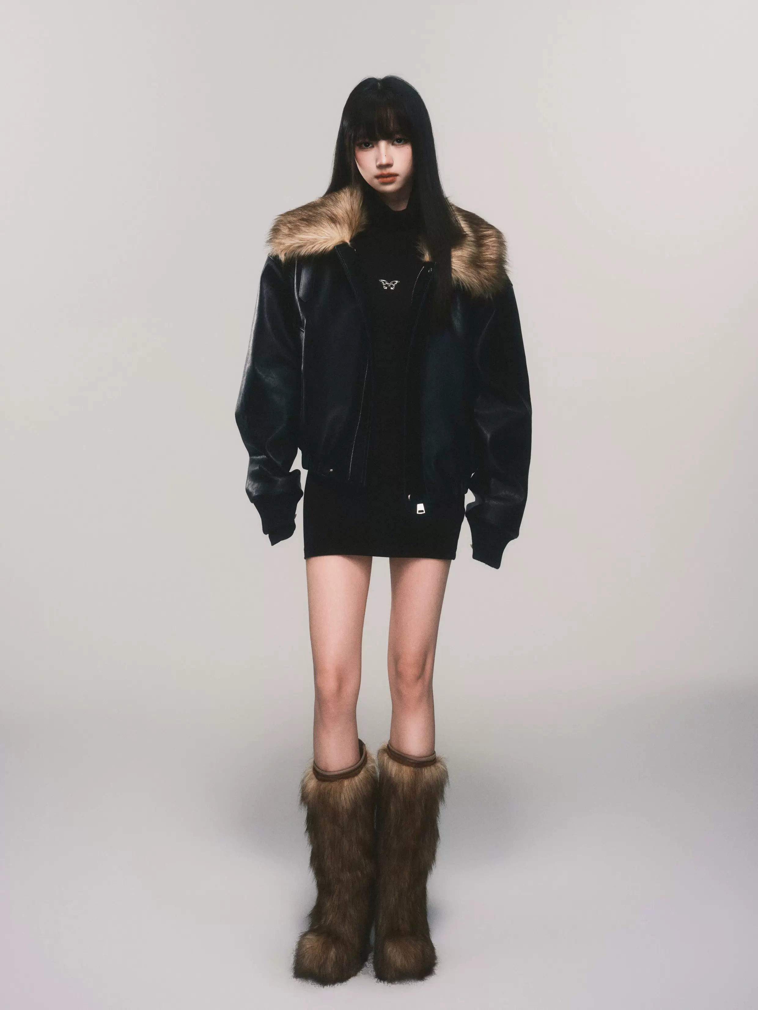 Midnight Aviator Faux‑Fur Bomber Jacket