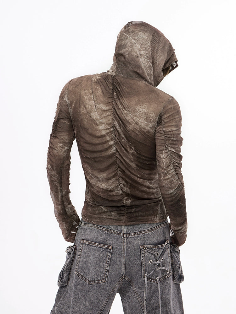 Distressed Brown Hooded Long Sleeve Top with Ruched Detailing