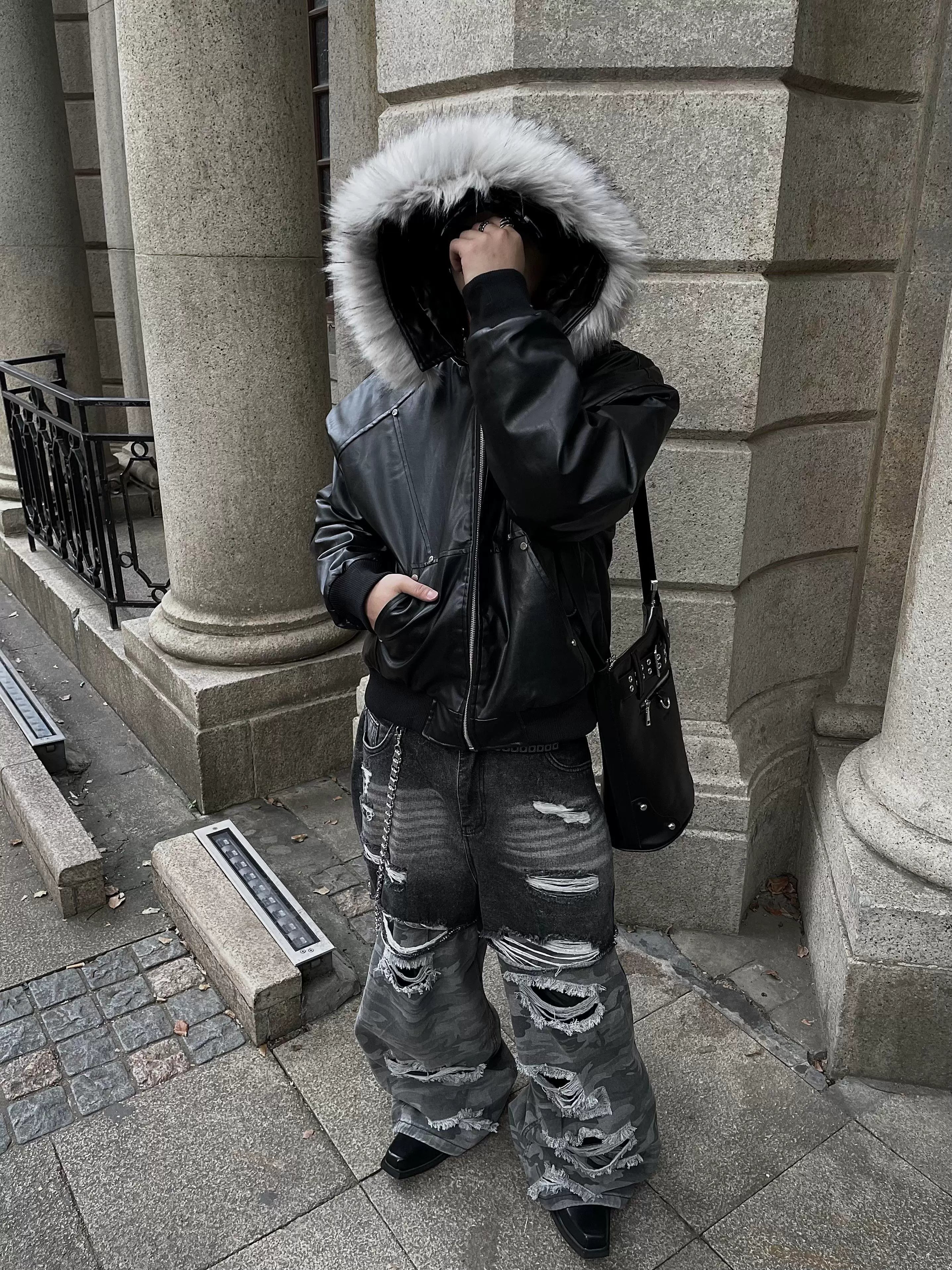 Onyx Frost Faux Fur Hooded Bomber Jacket