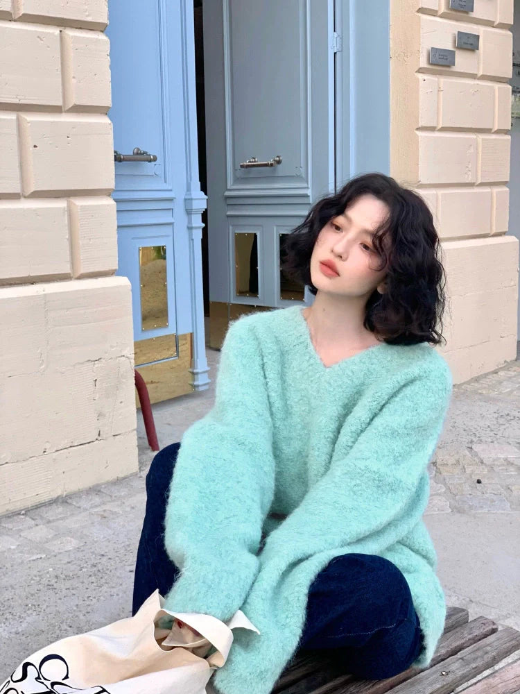 Fuzzy V-Neck Oversized Sweater