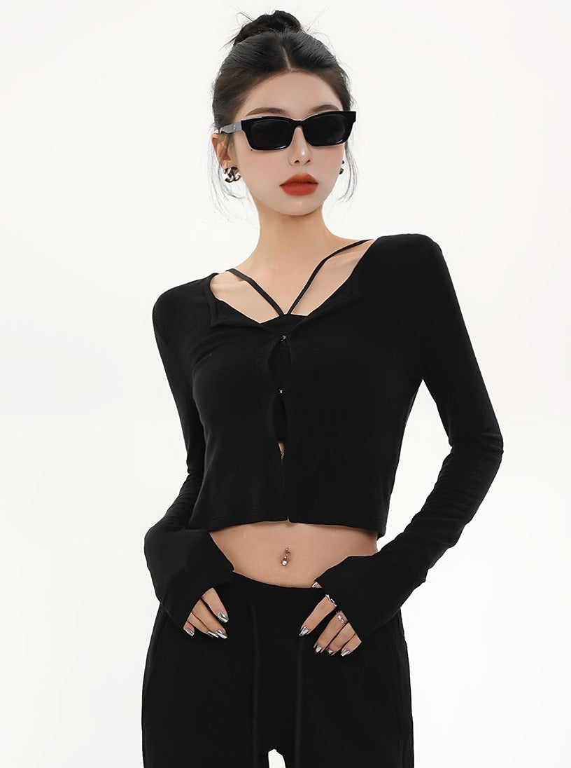 Edgy Black Knit Crop Top - Long Sleeve Strappy V-Neck Cardigan