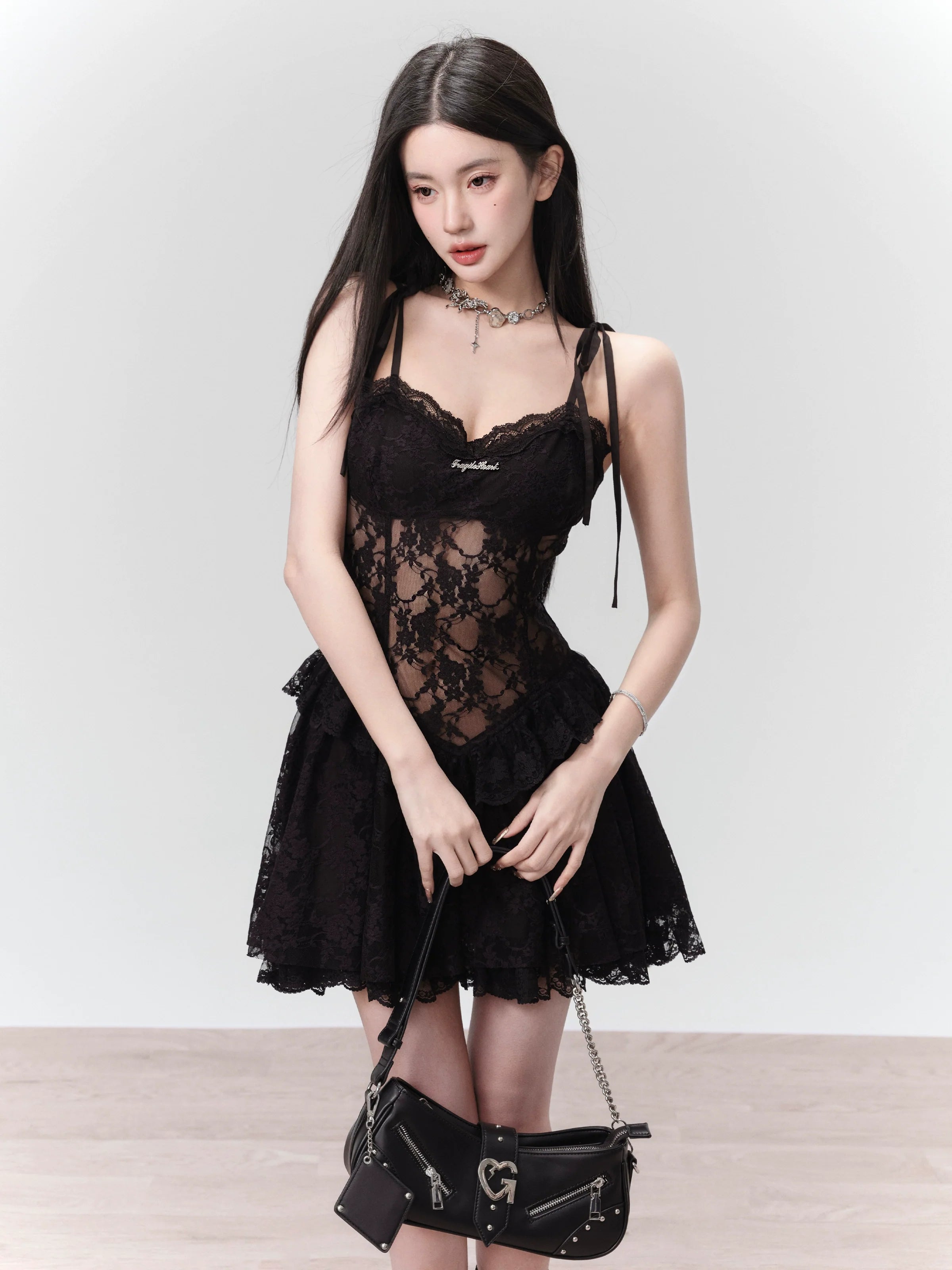 Seductive Black Lace Corset Mini Dress with Tie Straps