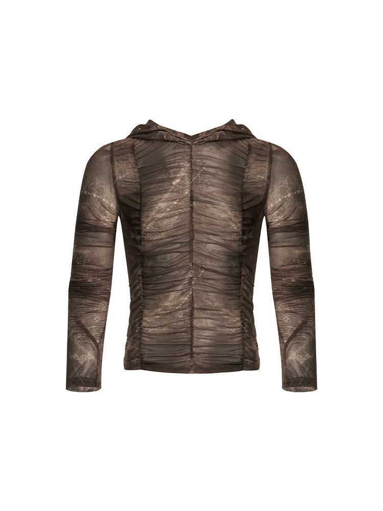 Distressed Brown Hooded Long Sleeve Top with Ruched Detailing