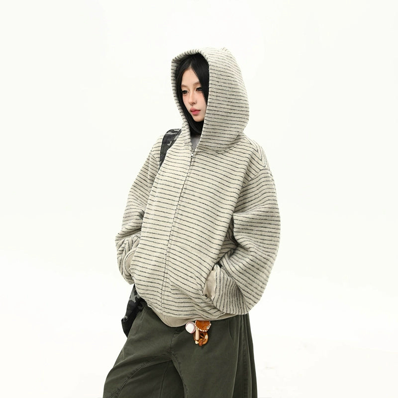 Oversized Striped Fleece Zip-Up Hoodie