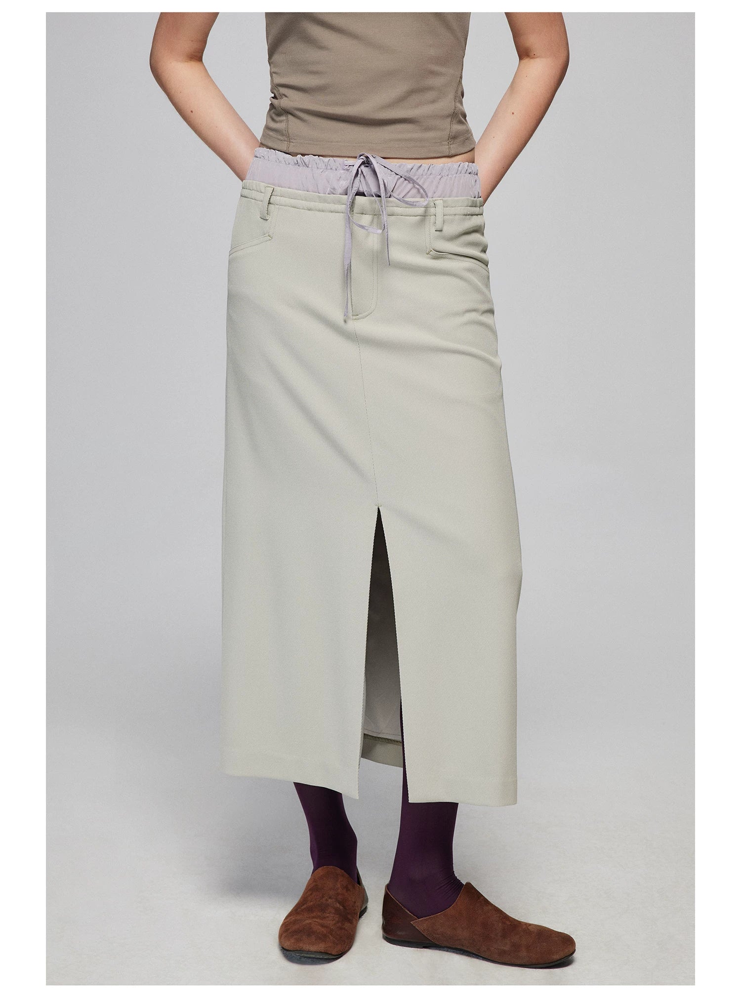 Layered Waist Front-Slit Midi Skirt