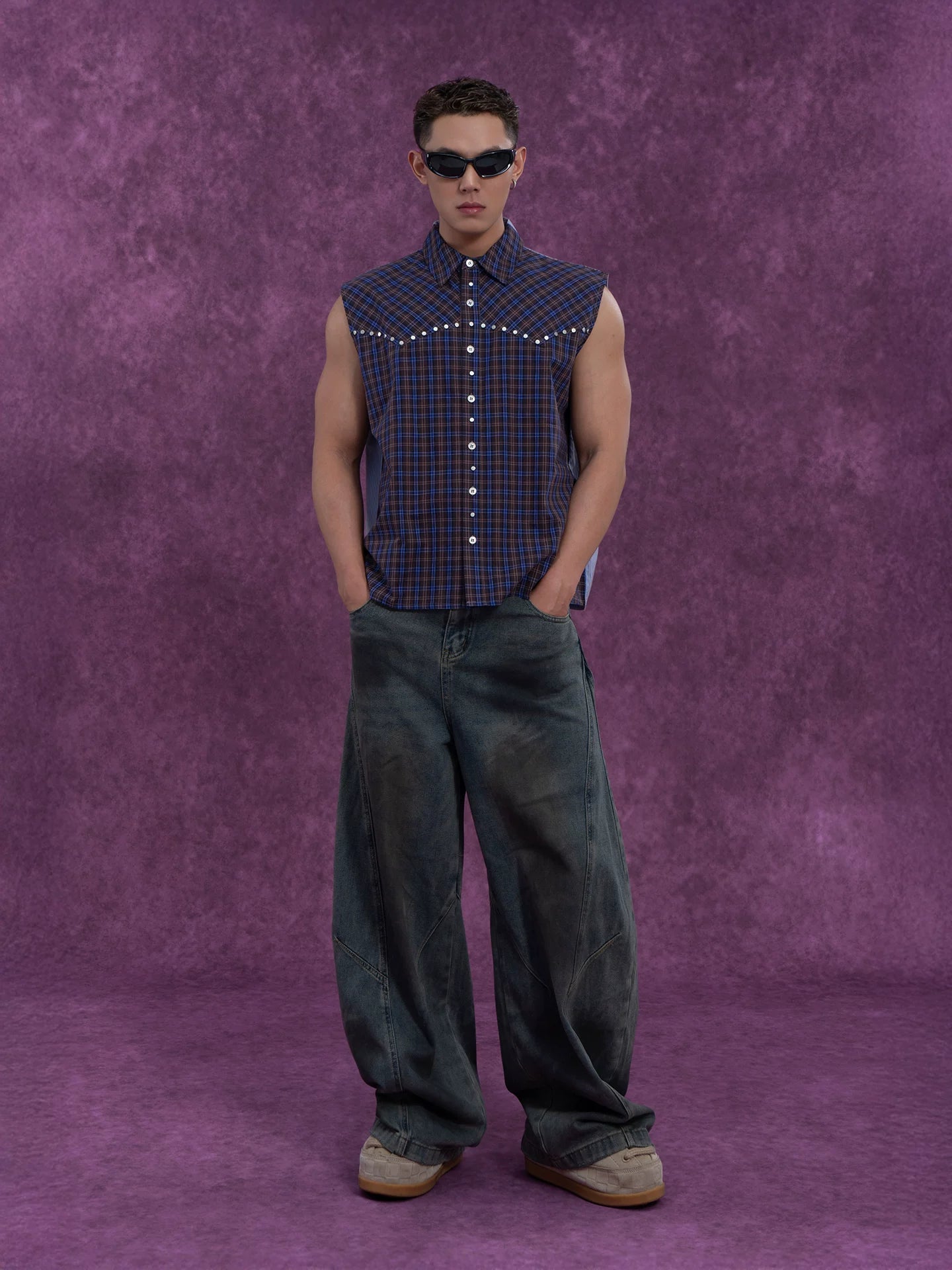 Midnight Rodeo Studded Plaid Sleeveless Shirt