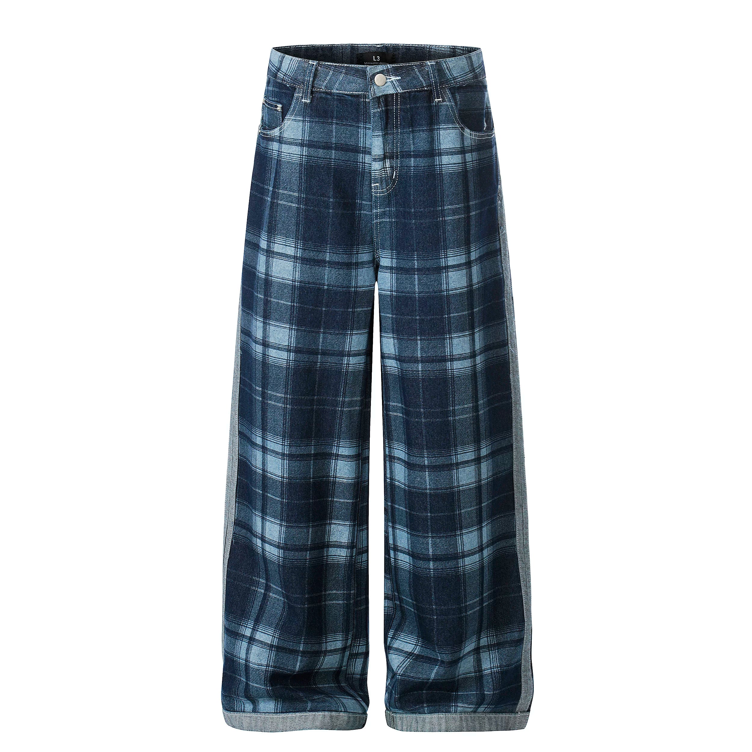 Blue Contrast Trim Plaid Wide Leg Pants