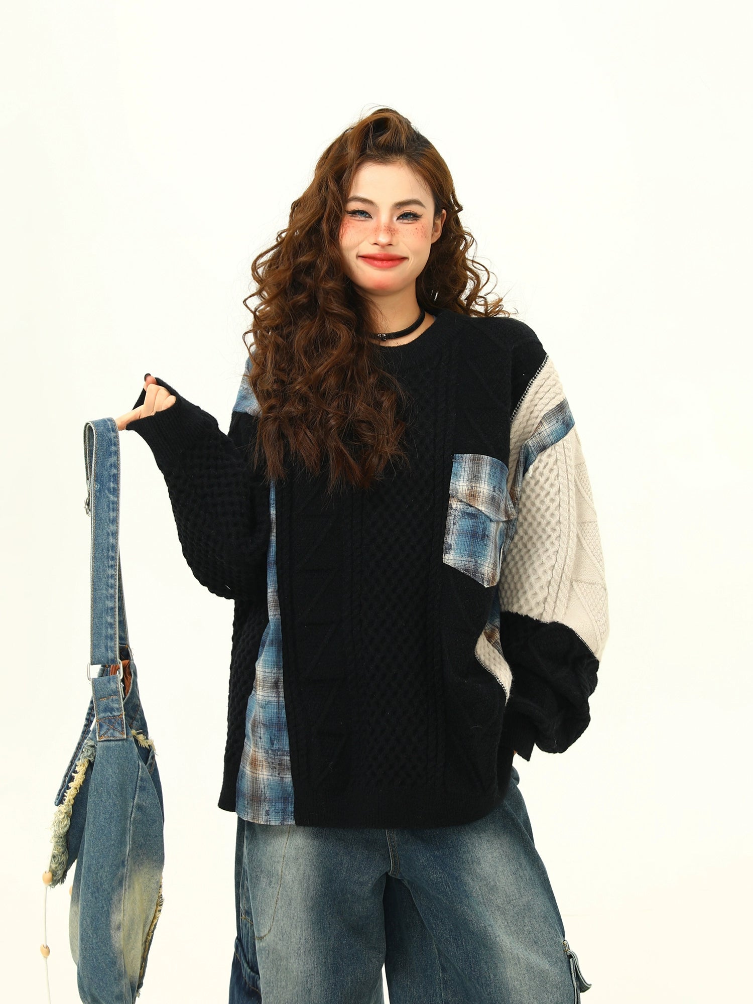 Patchwork Knit and Plaid Sweater
