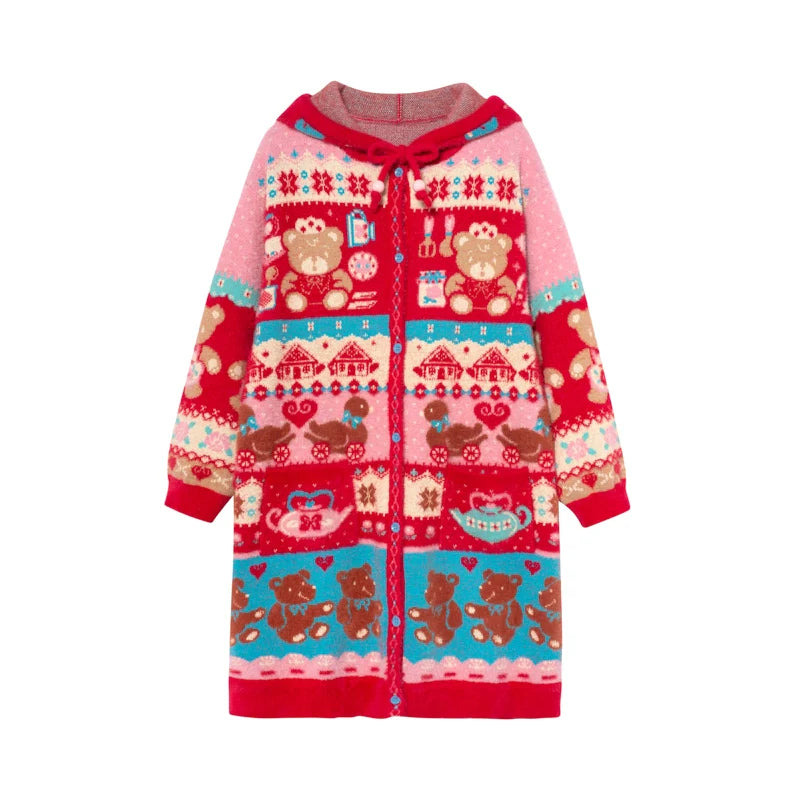 Sweet Bear Fair Isle Hooded Long Cardigan