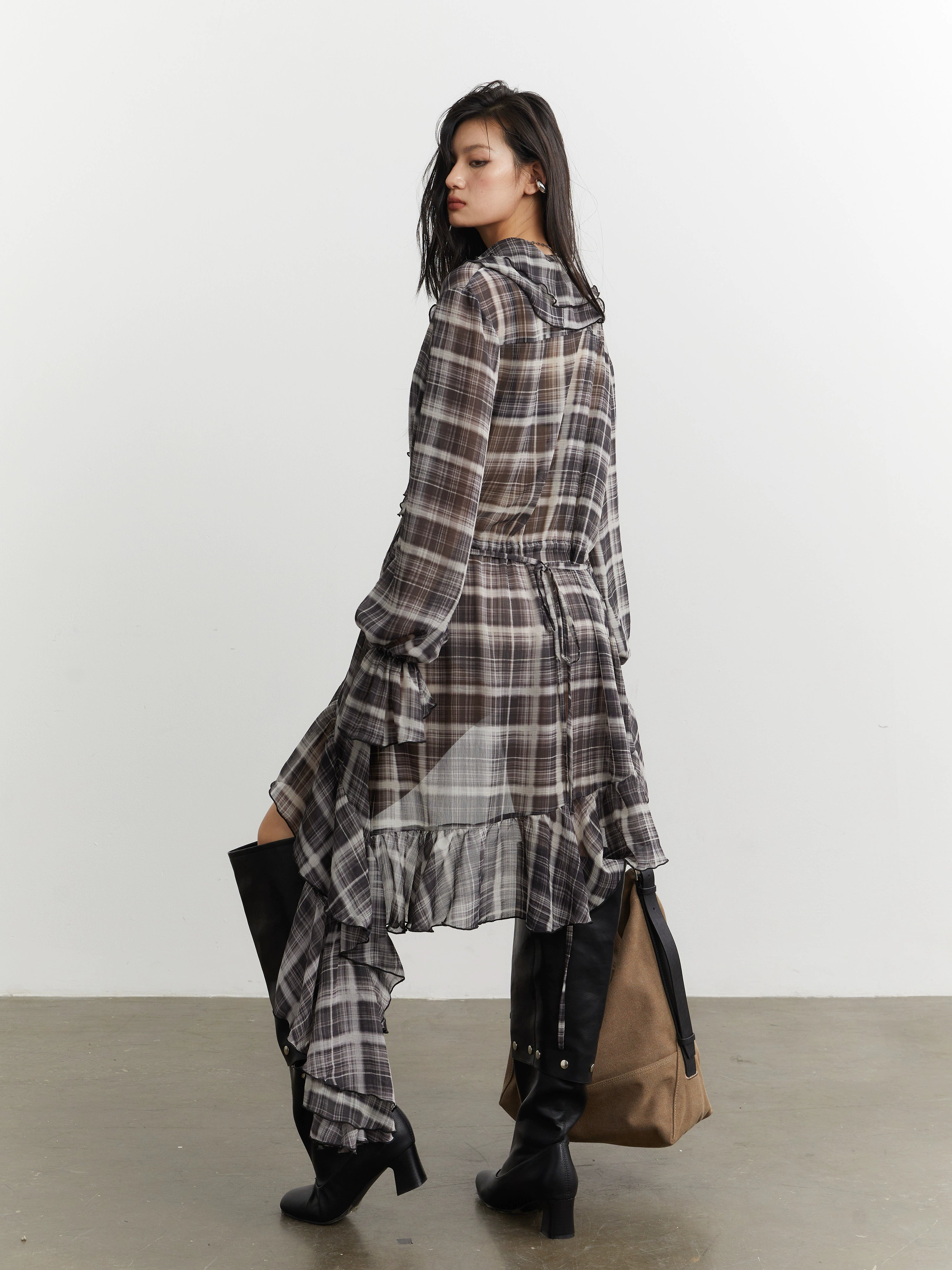 Shadow Cascade Ruffle Plaid Dress