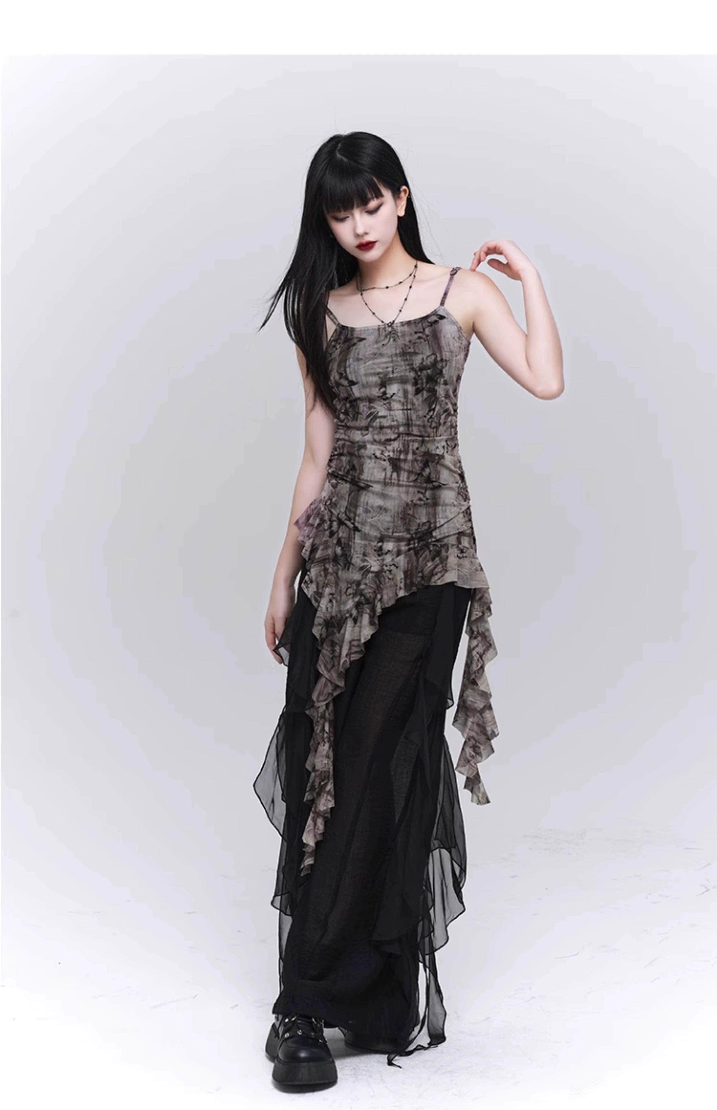 Ladyghost Grunge Fairy Asymmetrical Cami Dress - Women'S Tie-Dye Ruched Mini Dress With Ruffle Hem