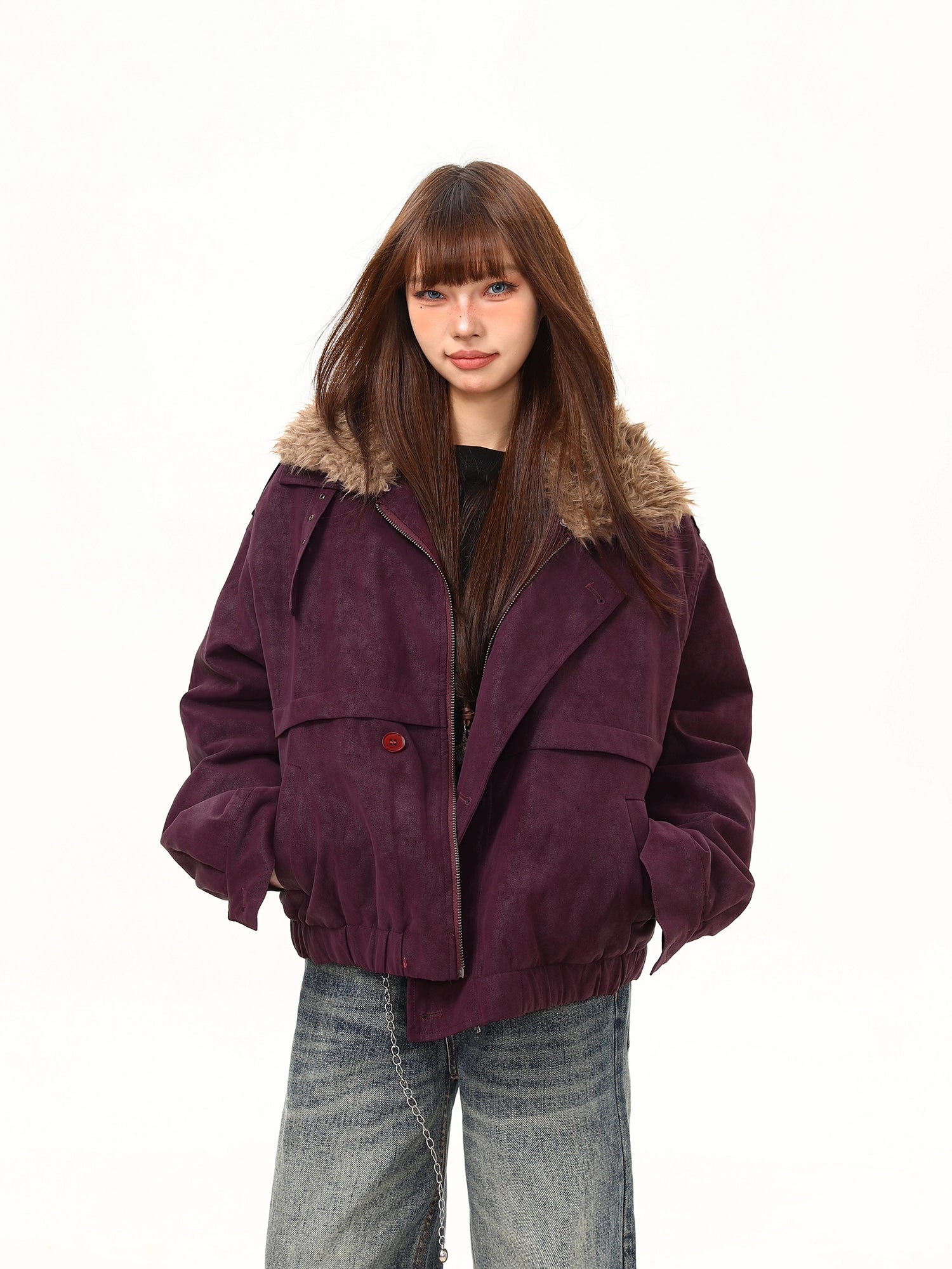 Plum Frost Faux Fur Collar Jacket