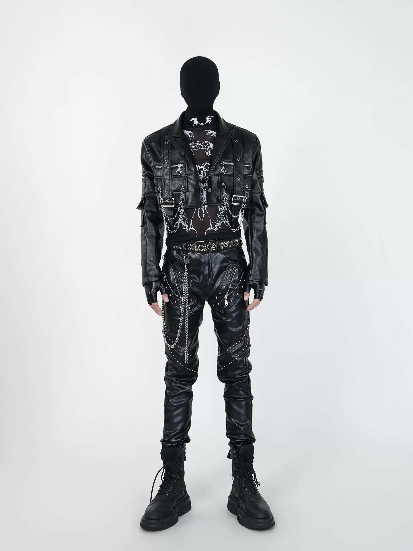 Night Raid Rivet‑Chain Leather Pants