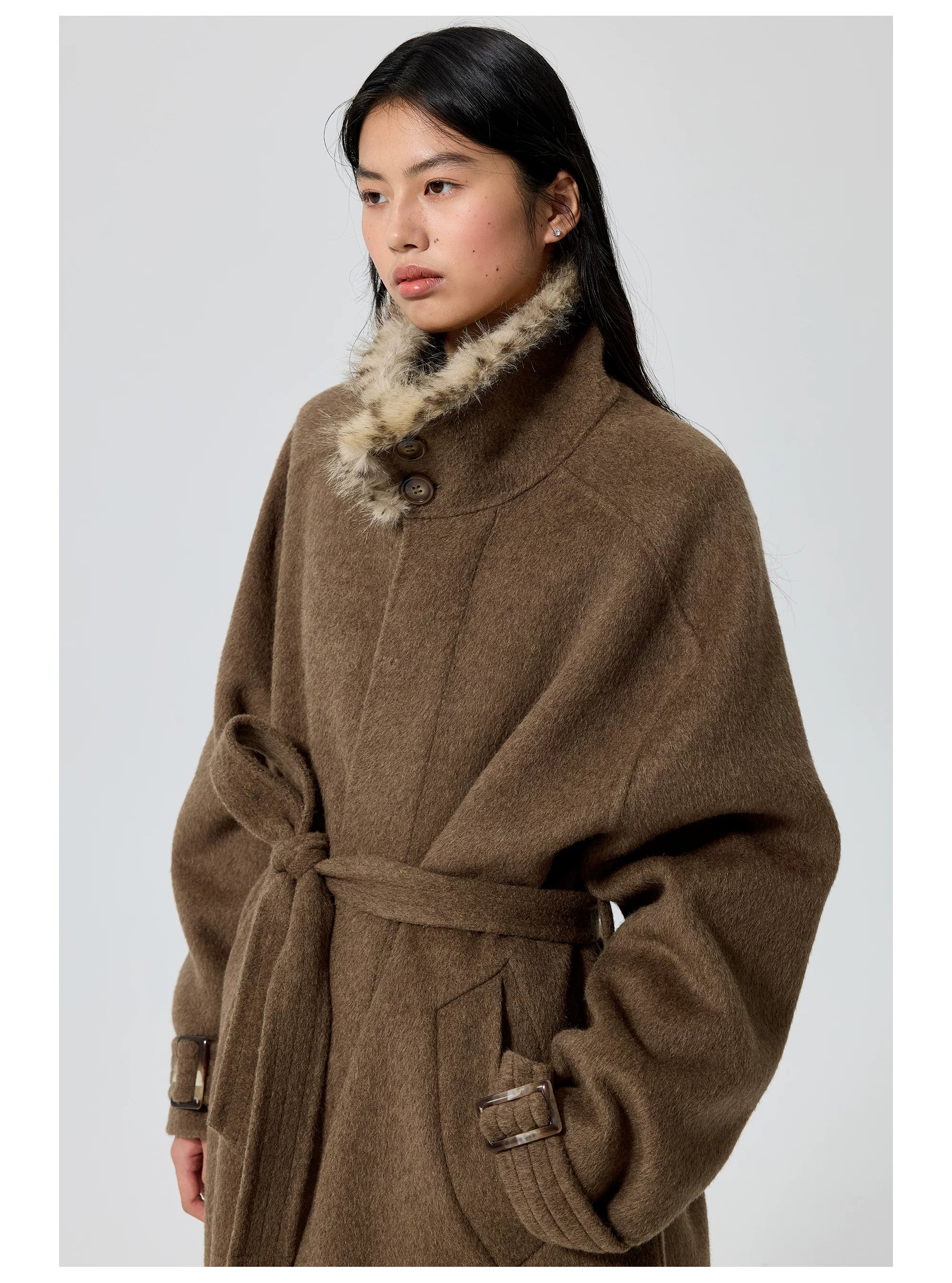 Belted Fur-Trim Collar Coat