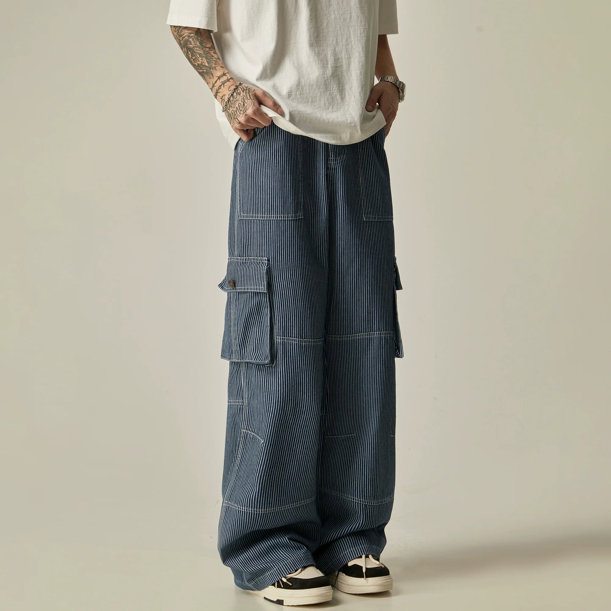 Pinstriped Wide-Leg Cargo Utility Pants