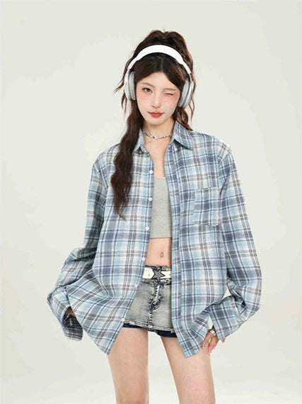 Vintage Loose Blue Plaid Shirt