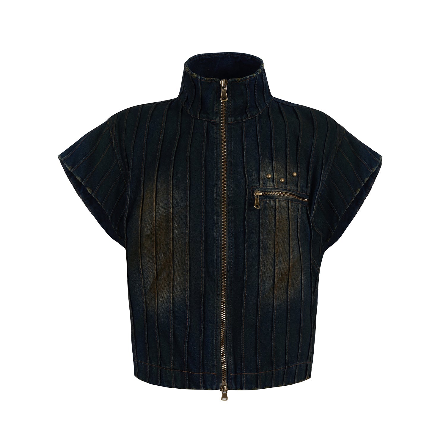 Standing-Neck Industrial Denim Jacket and Denim Pants Setup